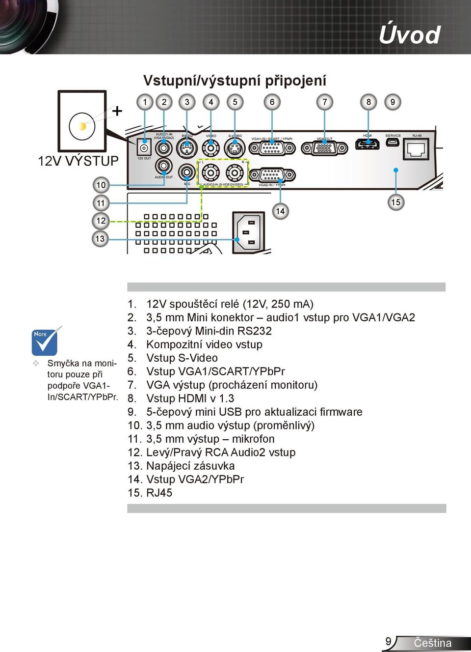 3,5 mm Mini konektor audio1 vstup pro VGA1/VGA2 3. 3-čepový Mini-din RS232 4. Kompozitní video vstup 5. Vstup S-Video 6. Vstup VGA1/SCART/YPbPr 7. VGA výstup (procházení monitoru) 8.