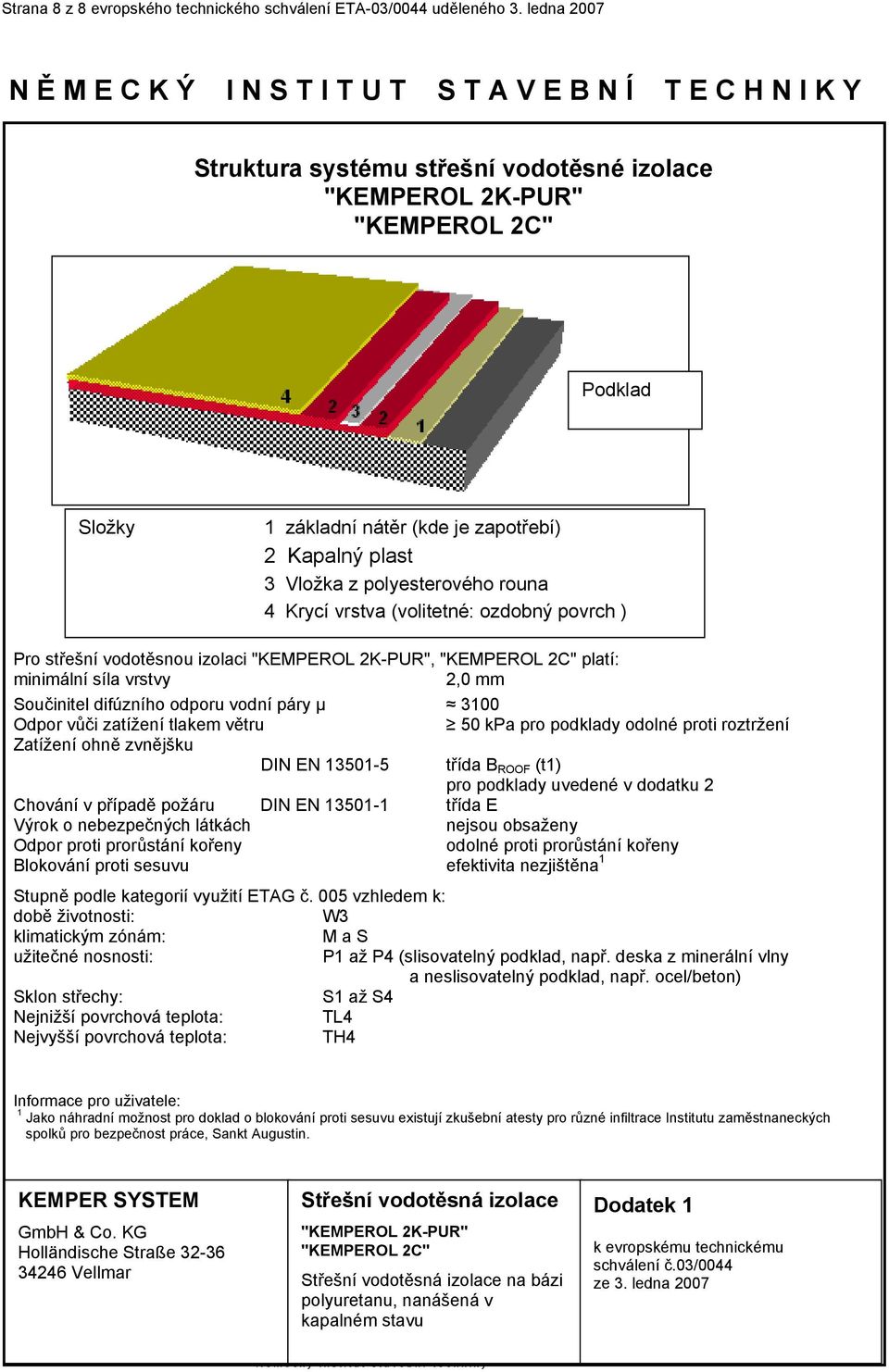 2 Kapalný plast 3 Vložka z polyesterového rouna 4 Krycí vrstva (volitetné: ozdobný povrch ) Pro střešní vodotěsnou izolaci "KEMPEROL 2K-PUR", "KEMPEROL 2C" platí: minimální síla vrstvy 2,0 mm
