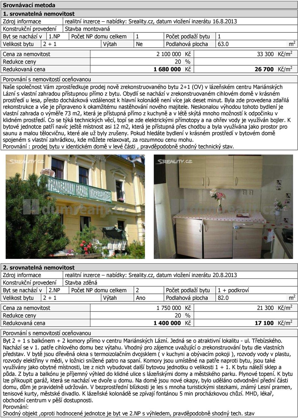 0 m 2 Cena za nemovitost 2 100 000 Kč 33 300 Kč/m 2 Redukce ceny 20 % Redukovaná cena 1 680 000 Kč 26 700 Kč/m 2 Porovnání s nemovitostí oceňovanou Naše společnost Vám zprostředkuje prodej nově