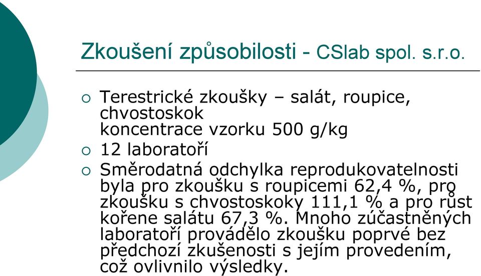 roupicemi 62,4 %, pro zkoušku s chvostoskoky 111,1 % a pro růst kořene salátu 67,3 %.