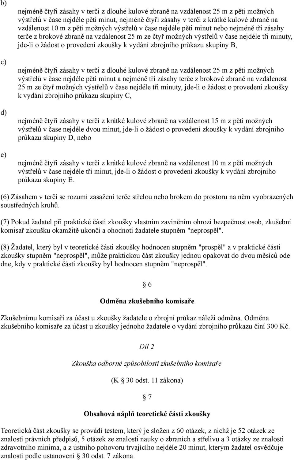 zkoušky k vydání zbrojního průkazu skupiny B, nejméně čtyři zásahy v terči z dlouhé kulové zbraně na vzdálenost 25 m z pěti možných výstřelů v čase nejdéle pěti minut a nejméně tři zásahy terče z