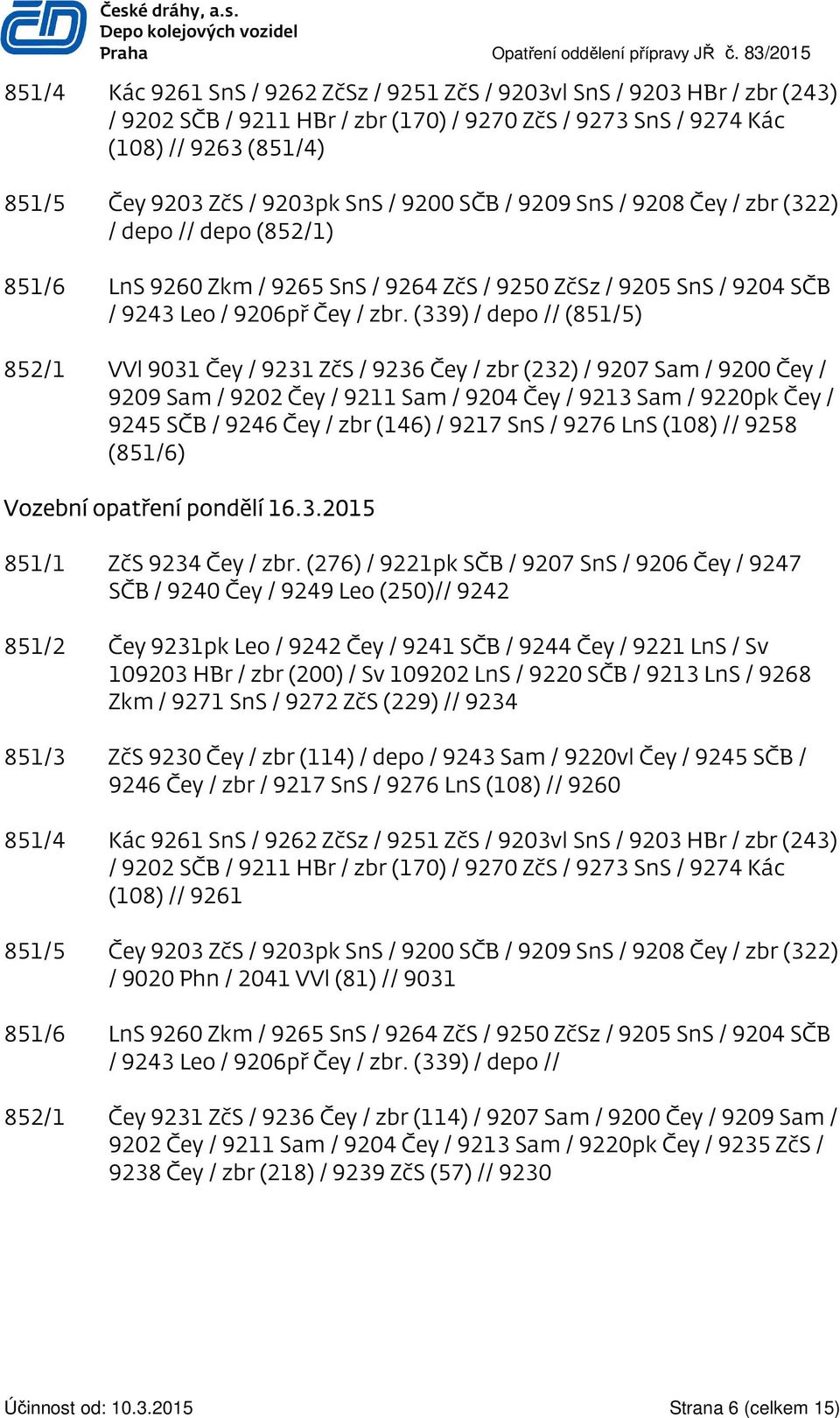 9203pk SnS / 9200 SČB / 9209 SnS / 9208 Čey / zbr (322) / depo // depo (852/1) 851/6 LnS 9260 Zkm / 9265 SnS / 9264 ZčS / 9250 ZčSz / 9205 SnS / 9204 SČB / 9243 Leo / 9206př Čey / zbr.