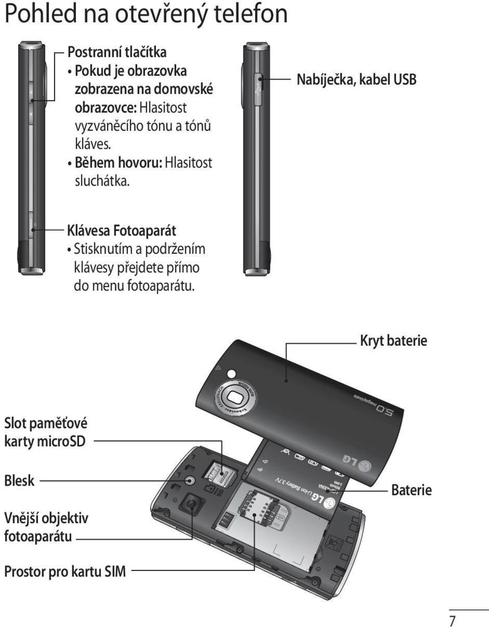 Nabíječka, kabel USB Klávesa Fotoaparát Stisknutím a podržením klávesy přejdete přímo do menu