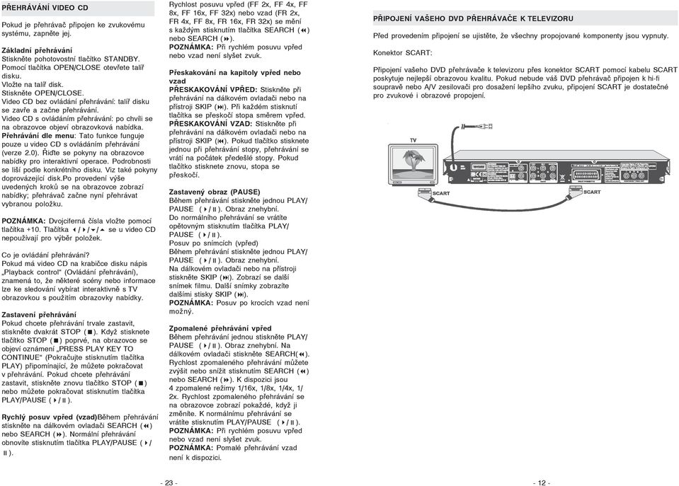 Video CD s ovládáním přehrávání: po chvíli se na obrazovce objeví obrazovková nabídka. Přehrávání dle menu: Tato funkce funguje pouze u video CD s ovládáním přehrávání (verze 2.0).