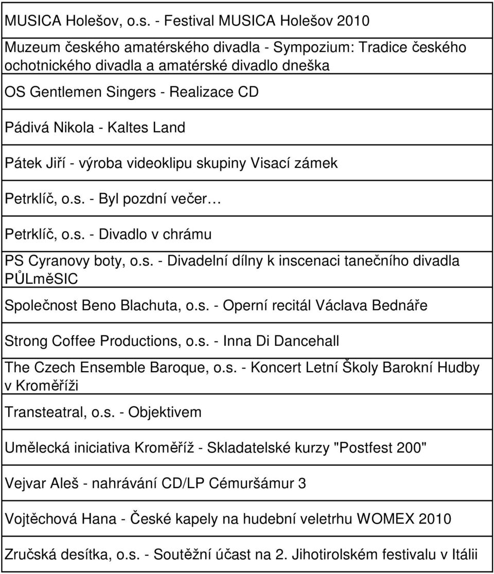 Kaltes Land Pátek Jiří - výroba videoklipu skupiny Visací zámek Petrklíč, o.s. - Byl pozdní večer Petrklíč, o.s. - Divadlo v chrámu PS Cyranovy boty, o.s. - Divadelní dílny k inscenaci tanečního divadla PŮLměSIC Společnost Beno Blachuta, o.