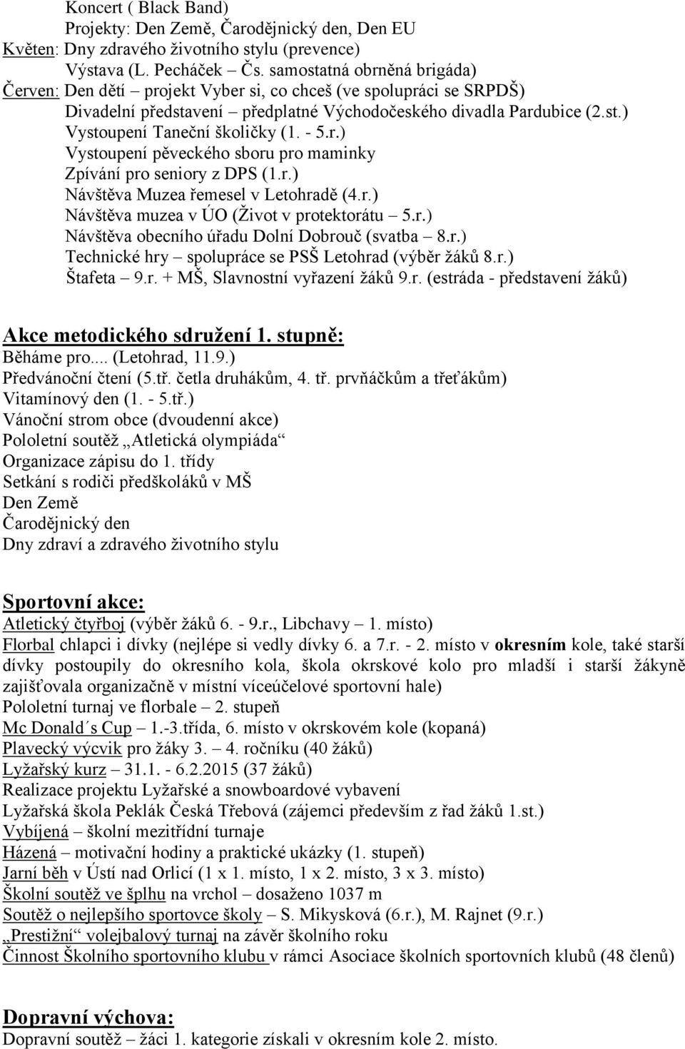 - 5.r.) Vystoupení pěveckého sboru pro maminky Zpívání pro seniory z DPS (1.r.) Návštěva Muzea řemesel v Letohradě (4.r.) Návštěva muzea v ÚO (Život v protektorátu 5.r.) Návštěva obecního úřadu Dolní Dobrouč (svatba 8.