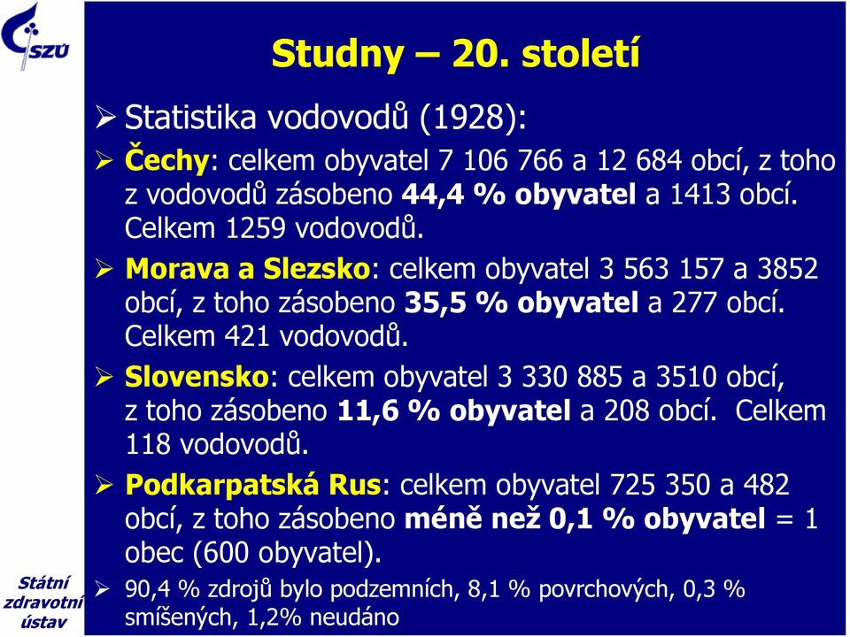 Slovensko: celkem obyvatel 3 330 885 a 3510 obcí, z toho zásobeno 11,6 % obyvatel a 208 obcí. Celkem 118 vodovodů.