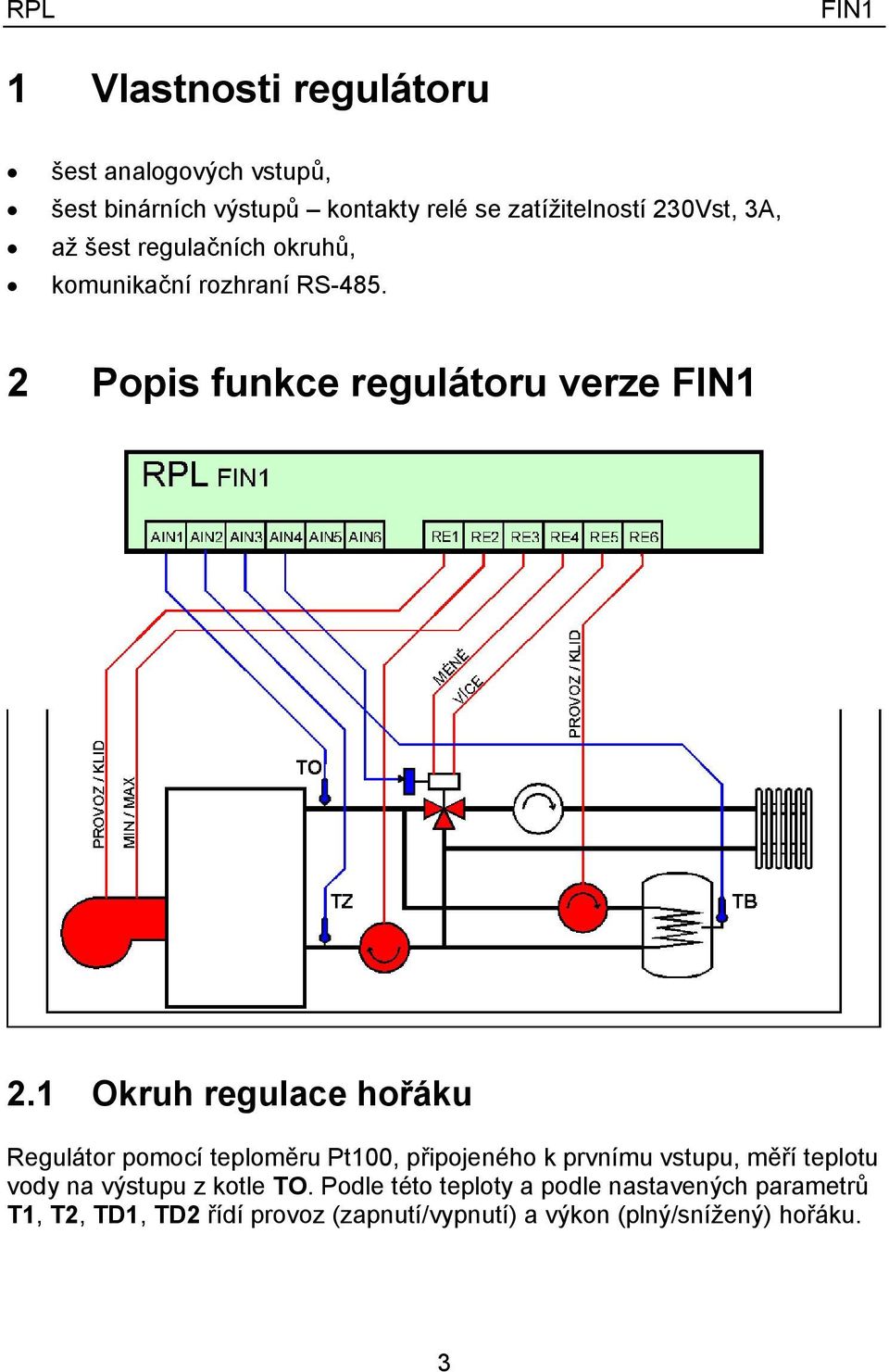 1 Okruh regulace hořáku Regulátor pomocí teploměru Pt100, připojeného k prvnímu vstupu, měří teplotu vody na výstupu z