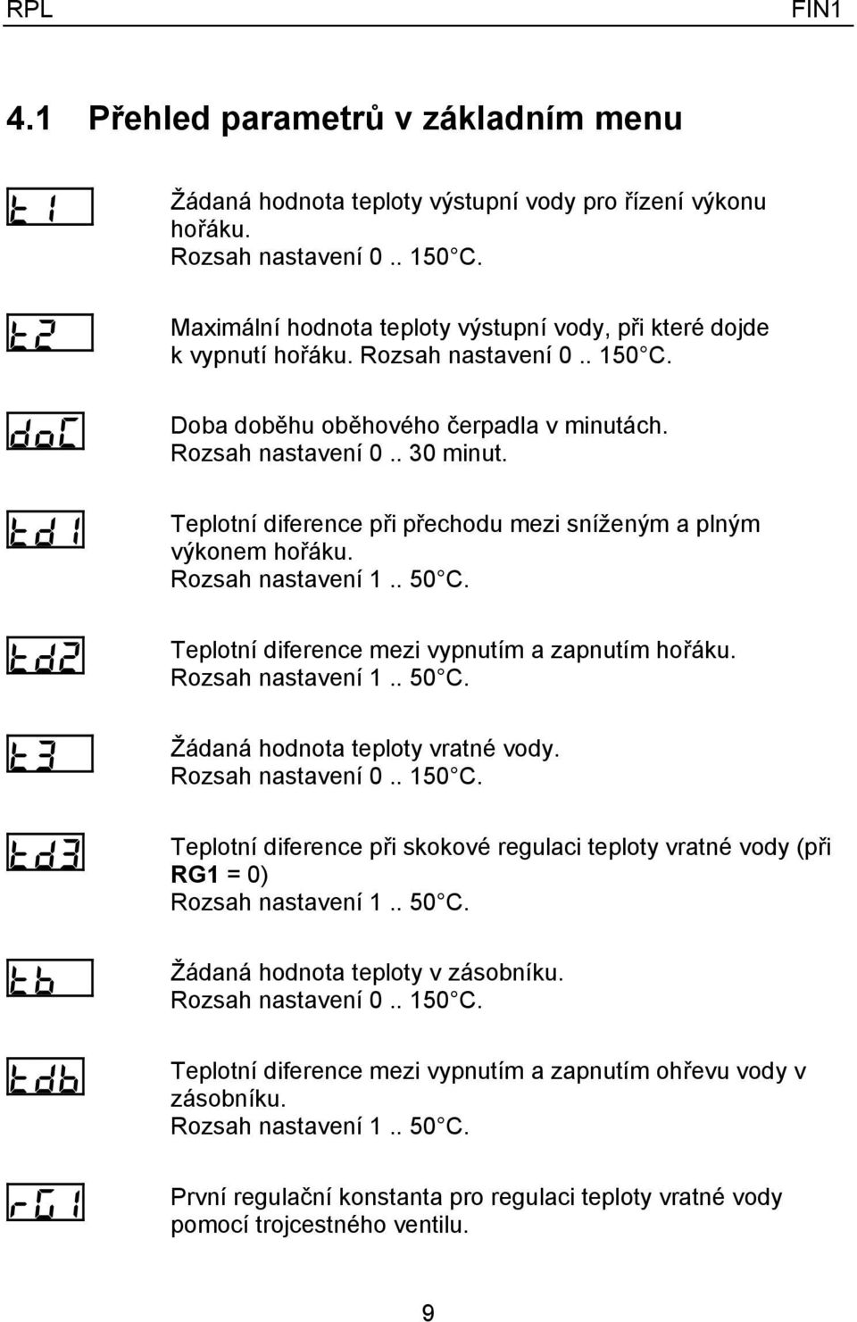 Teplotní diference při přechodu mezi sníženým a plným výkonem hořáku. Rozsah nastavení 1.. 50 C. Teplotní diference mezi vypnutím a zapnutím hořáku. Rozsah nastavení 1.. 50 C. Žádaná hodnota teploty vratné vody.