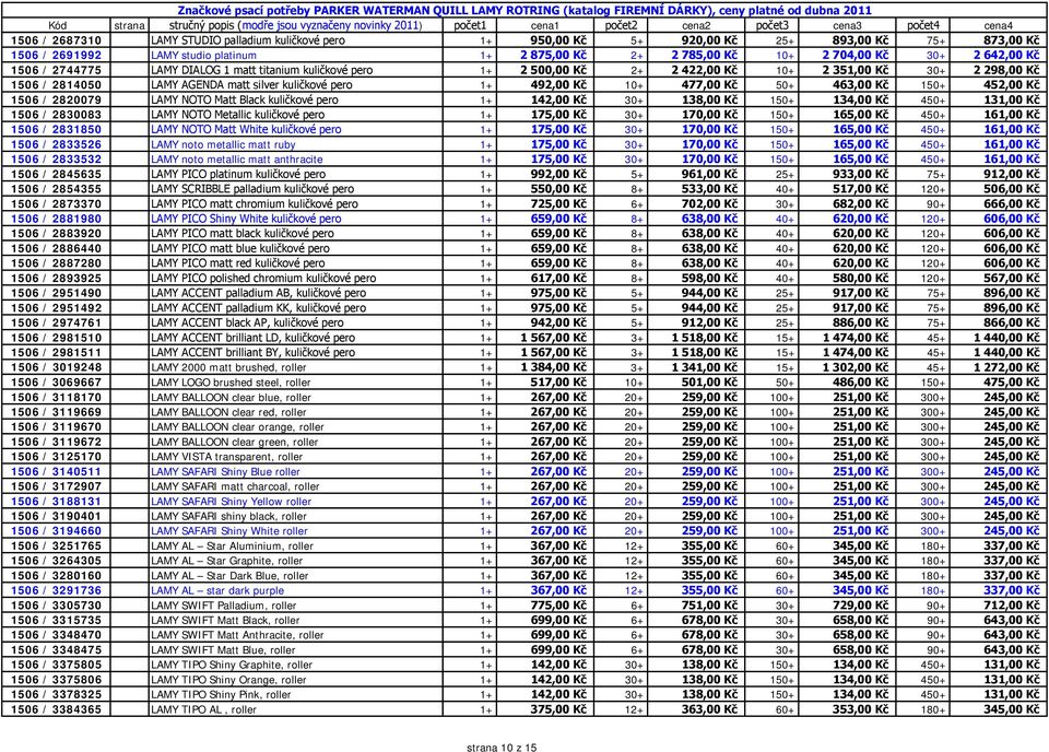 10+ 477,00 Kč 50+ 463,00 Kč 150+ 452,00 Kč 1506 / 2820079 LAMY NOTO Matt Black kuličkové pero 1+ 142,00 Kč 30+ 138,00 Kč 150+ 134,00 Kč 450+ 131,00 Kč 1506 / 2830083 LAMY NOTO Metallic kuličkové pero