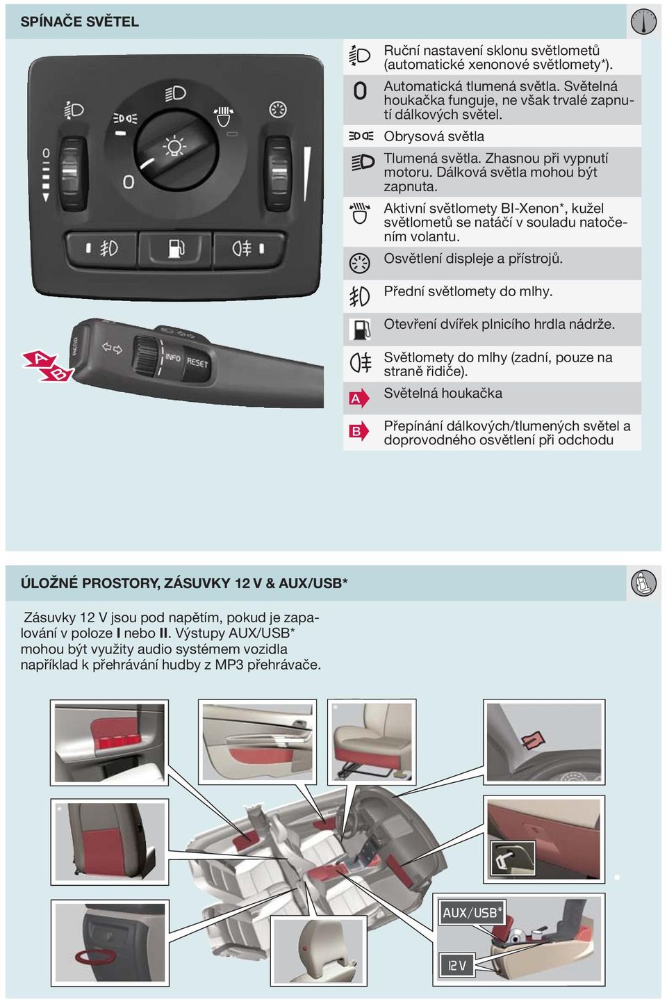 Osvětlení displeje a přístrojů. Přední světlomety do mlhy. Otevření dvířek plnicího hrdla nádrže. A B Světlomety do mlhy (zadní, pouze na straně řidiče).
