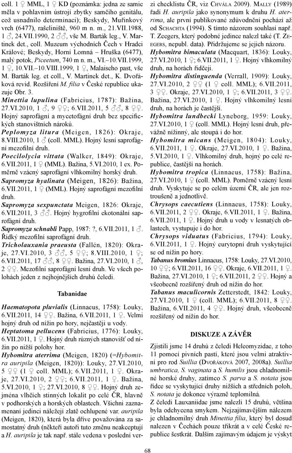 1999, 1, Malaiseho past, vše M. Barták leg. et coll., V. Martinek det., K. Dvořáková revid. Rozšíření M. filia v České republice ukazuje Obr. 3. Minettia lupulina (Fabricius, 1787): Bažina, 27.VI.