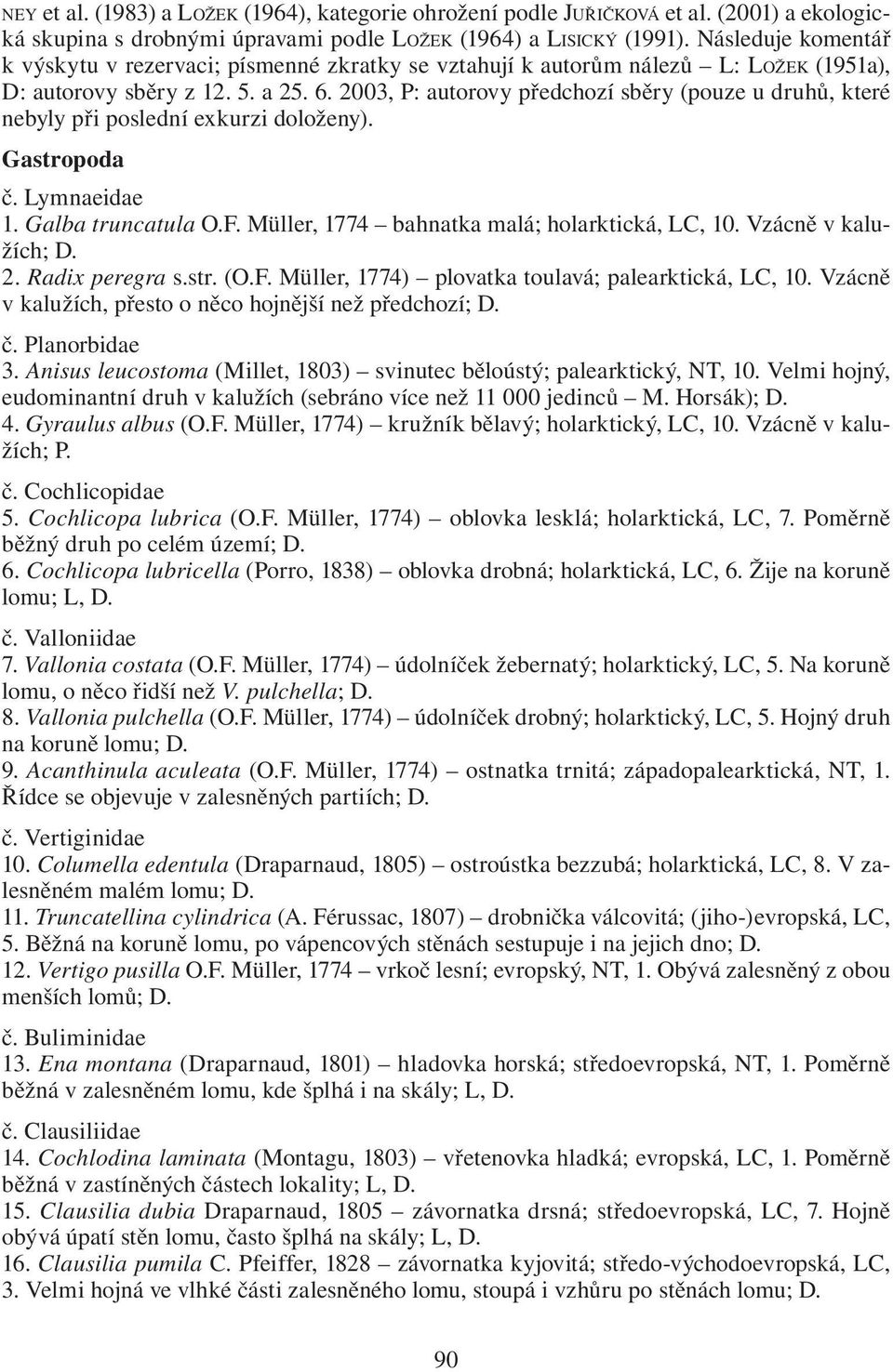 2003, P: autorovy předchozí sběry (pouze u druhů, které nebyly při poslední exkurzi doloženy). Gastropoda č. Lymnaeidae 1. Galba truncatula O.F. Müller, 1774 bahnatka malá; holarktická, LC, 10.