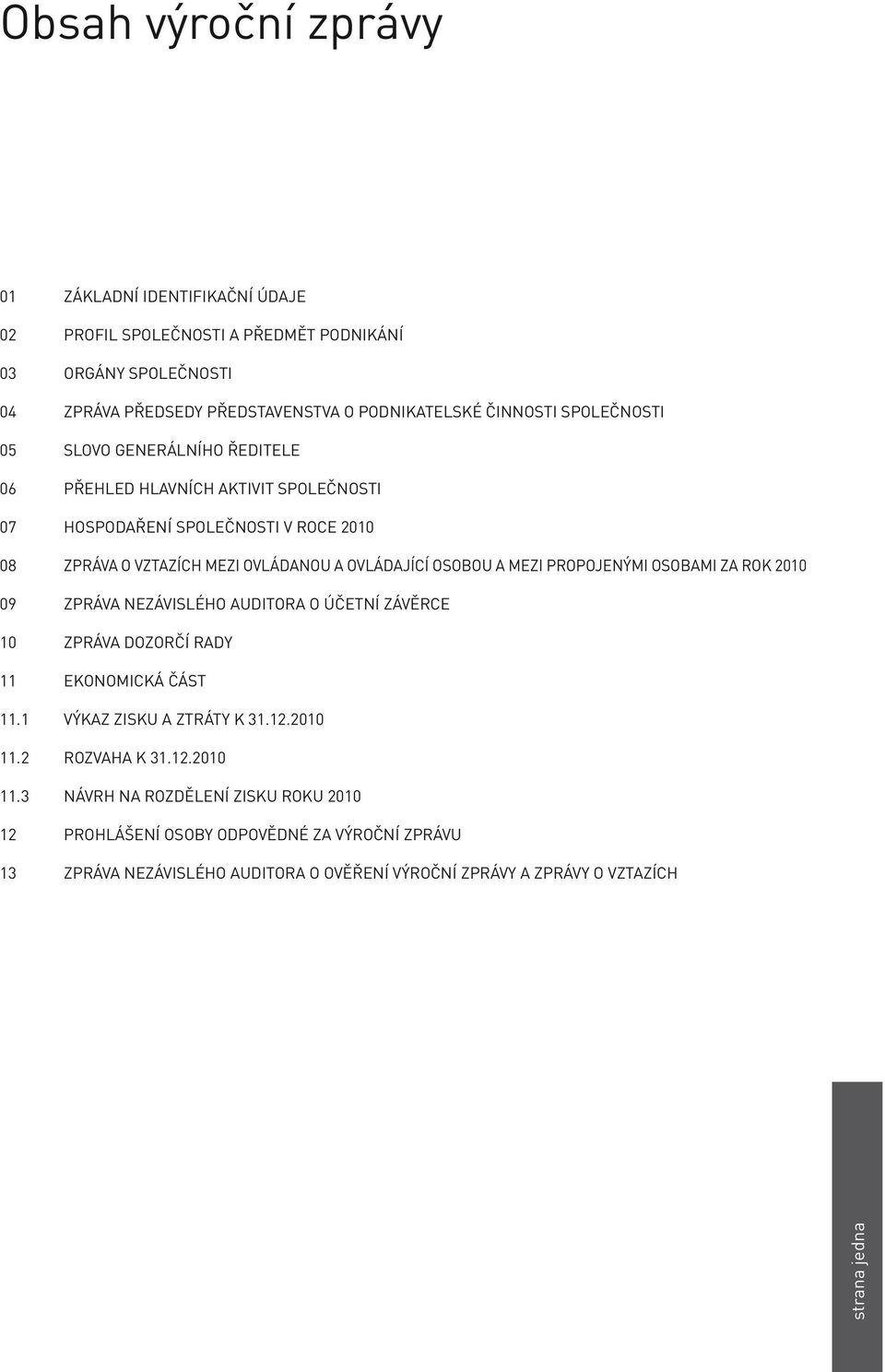 MEZI PROPOJENÝMI OSOBAMI ZA ROK 2010 09 ZPRÁVA NEZÁVISLÉHO AUDITORA O ÚČETNÍ ZÁVĚRCE 10 ZPRÁVA DOZORČÍ RADY 11 EKONOMICKÁ ČÁST 11.1 VÝKAZ ZISKU A ZTRÁTY K 31.12.2010 11.