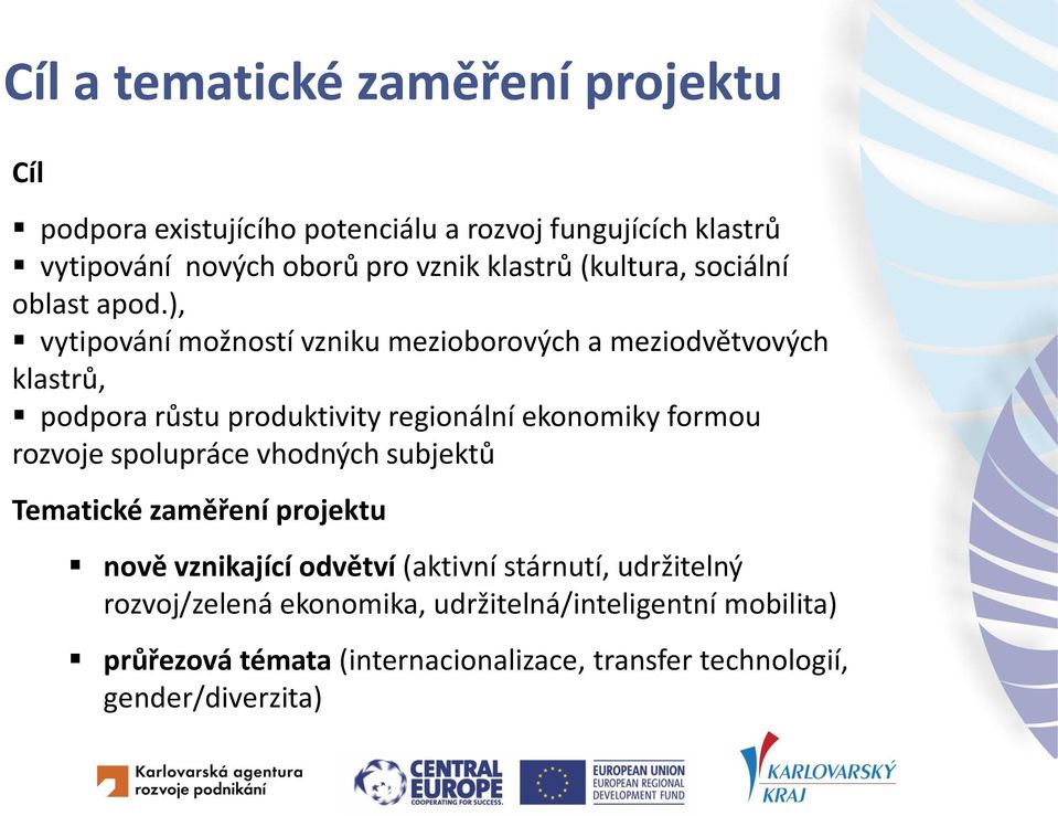 ), vytipování možností vzniku mezioborových a meziodvětvových klastrů, podpora růstu produktivity regionální ekonomiky formou rozvoje