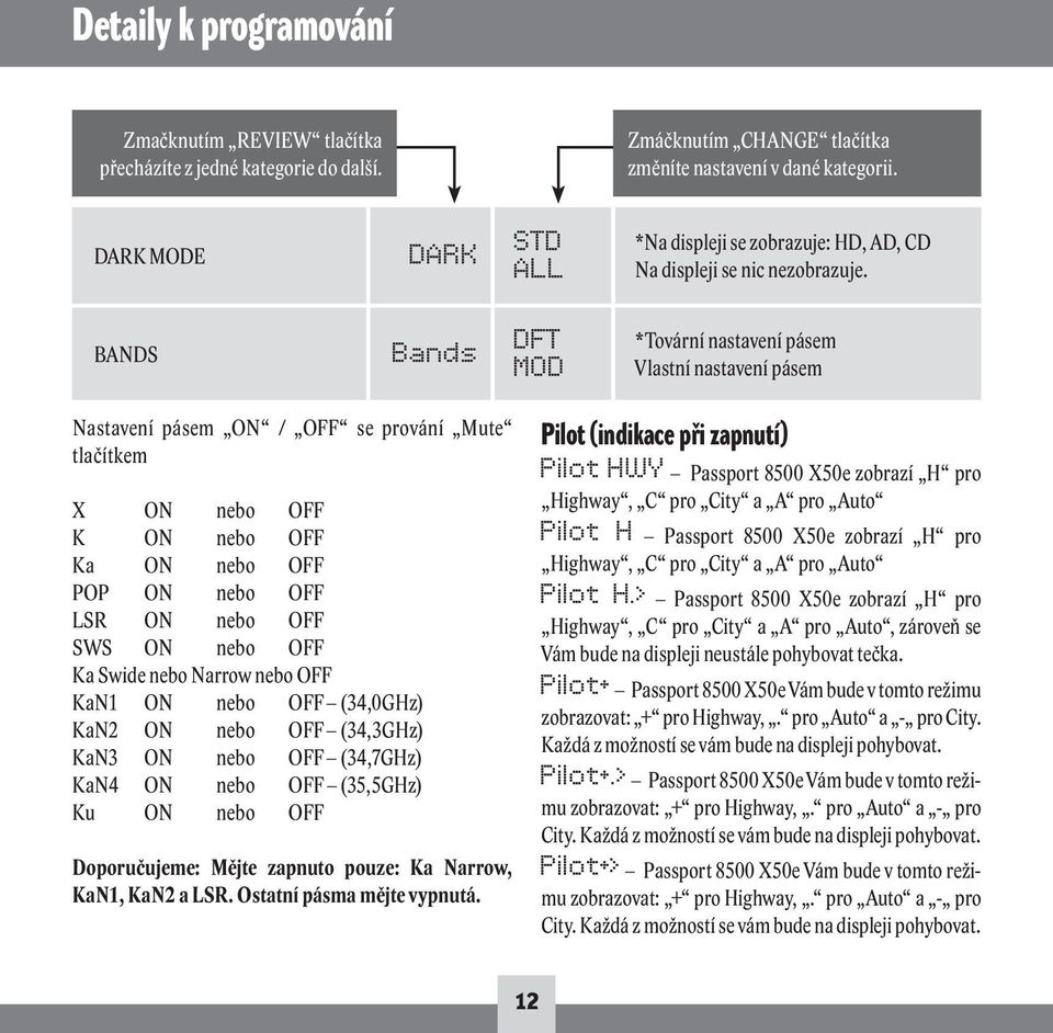 BANDS Bands DFT MOD *Tovární nastavení pásem Vlastní nastavení pásem Nastavení pásem ON / OFF se prování Mute tlačítkem X ON nebo OFF K ON nebo OFF Ka ON nebo OFF POP ON nebo OFF LSR ON nebo OFF SWS