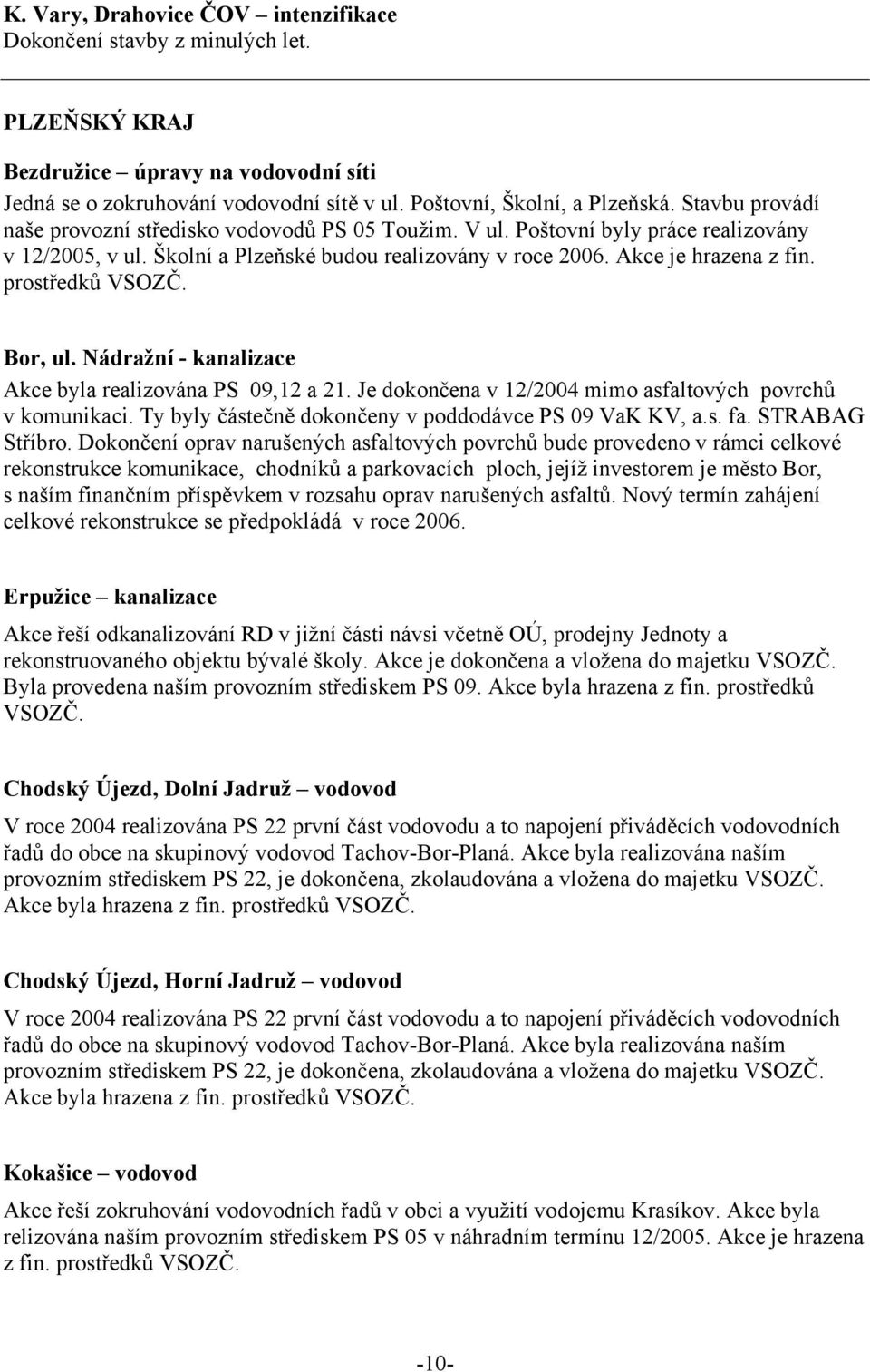 prostředků VSOZČ. Bor, ul. Nádražní - kanalizace Akce byla realizována PS 09,12 a 21. Je dokončena v 12/2004 mimo asfaltových povrchů v komunikaci.