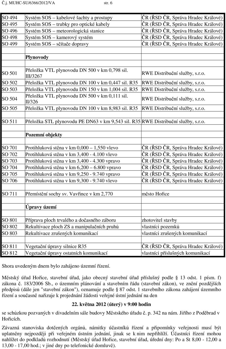 stanice ČR (ŘSD ČR, Správa Hradec Králové) SO 498 Systém SOS kamerový systém ČR (ŘSD ČR, Správa Hradec Králové) SO 499 Systém SOS sčítače dopravy ČR (ŘSD ČR, Správa Hradec Králové) Plynovody SO 501