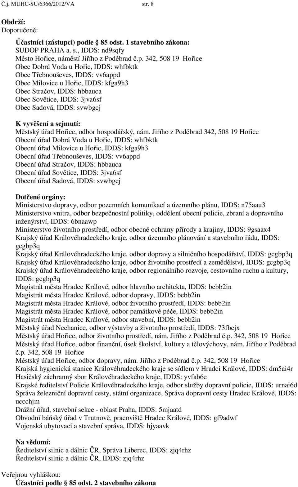 i) podle 85 odst. 1 stavebního zákona: SUDOP PRAHA a. s., IDDS: nd9sqfy Město Hořice, náměstí Jiřího z Poděbrad č.p. 342, 508 19 Hořice Obec Dobrá Voda u Hořic, IDDS: whfbktk Obec Třebnouševes, IDDS: