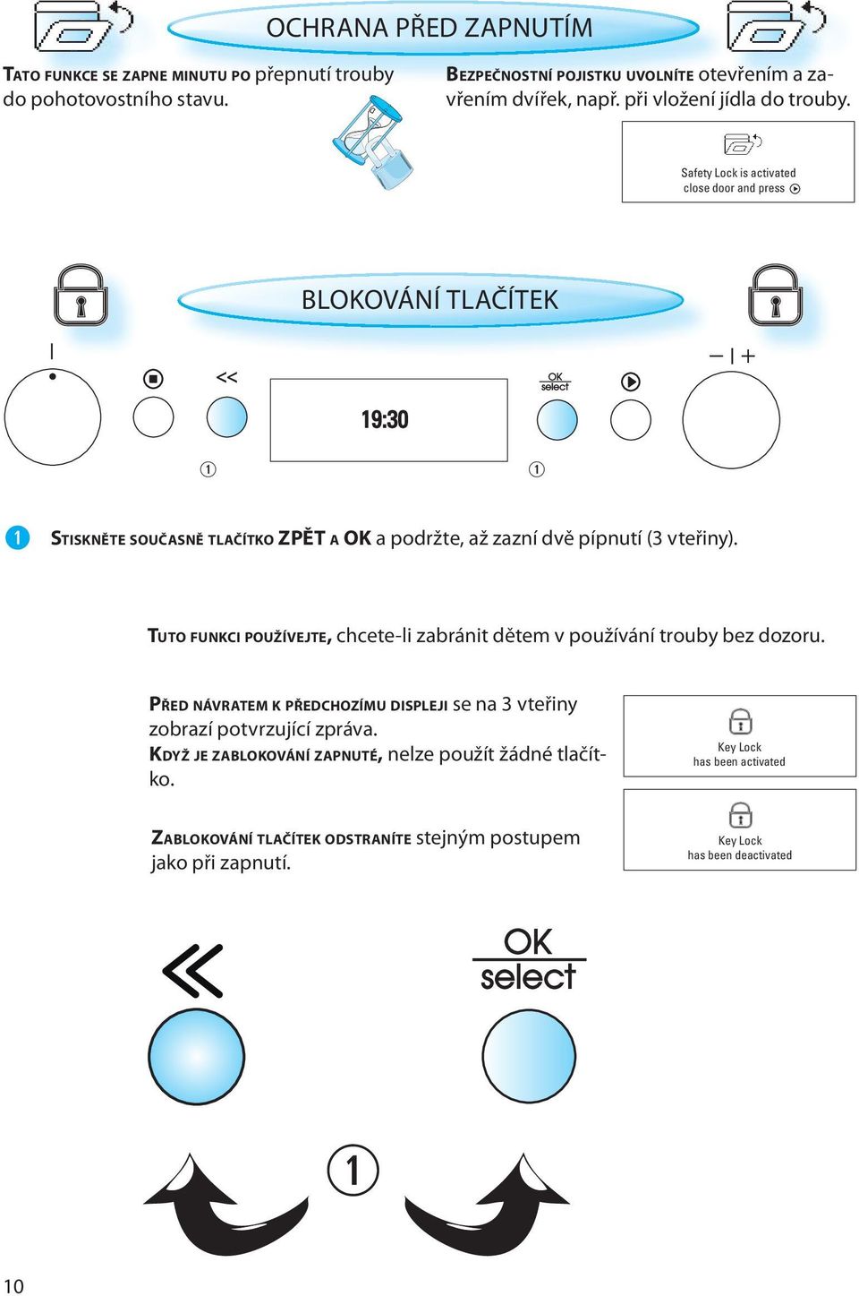 Safety Lock is activated close door and press BLOKOVÁNÍ TLAČÍTEK 19:30 STISKNĚTE SOUČASNĚ TLAČÍTKO ZPĚT A OK a podržte, až zazní dvě pípnutí (3 vteřiny).