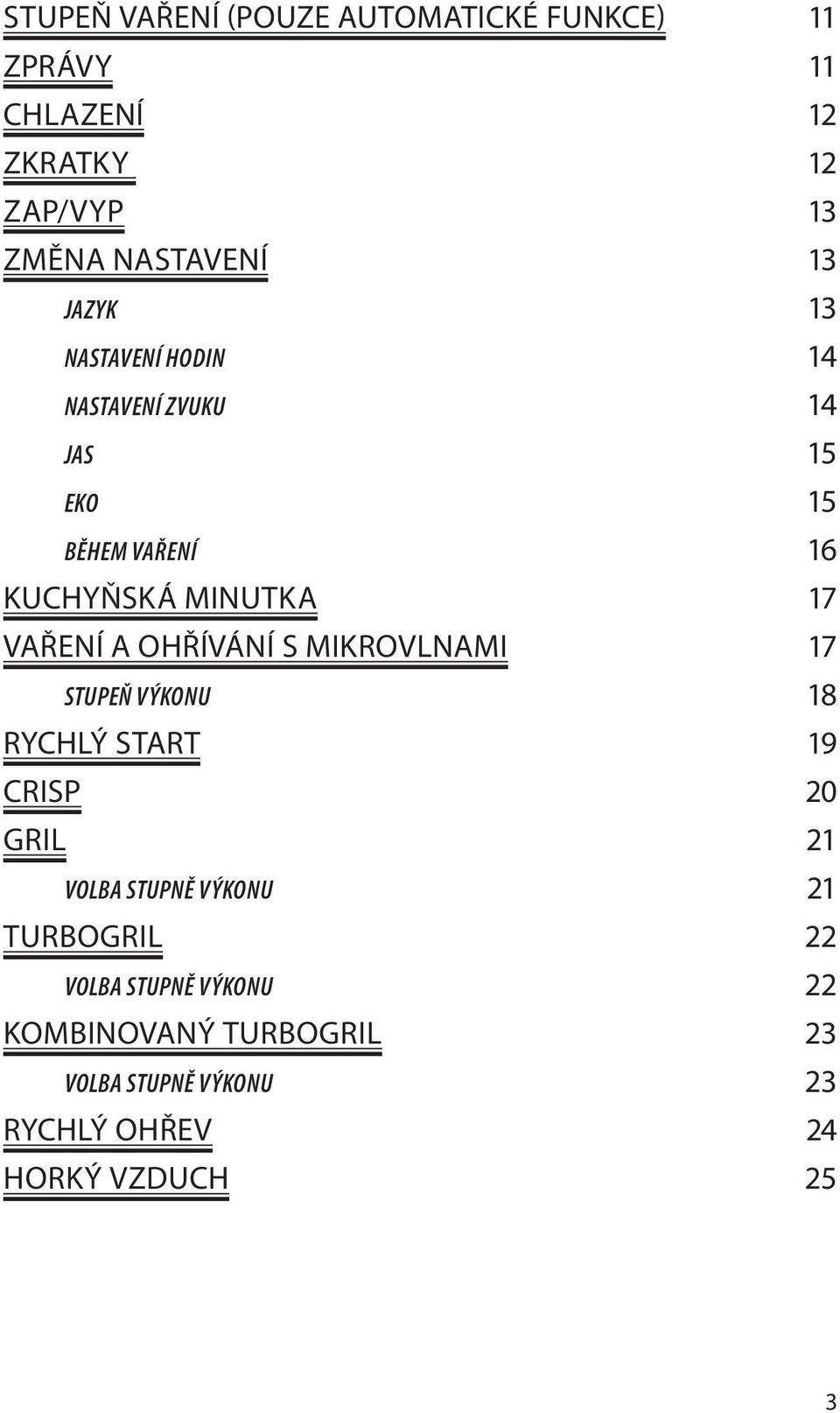 OHŘÍVÁNÍ S MIKROVLNAMI 17 STUPEŇ VÝKONU 18 RYCHLÝ START 19 CRISP 20 GRIL 21 VOLBA STUPNĚ VÝKONU 21