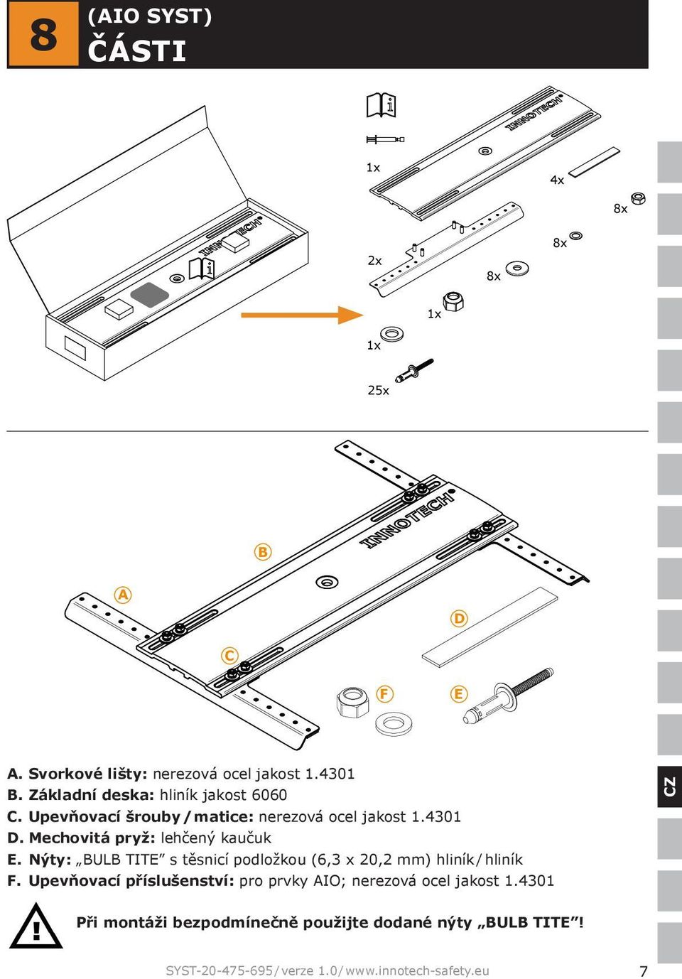 Mechovitá pryž: lehčený kaučuk E. Nýty: BULB TITE s těsnicí podložkou (6,3 x 20,2 mm) hliník / hliník F.