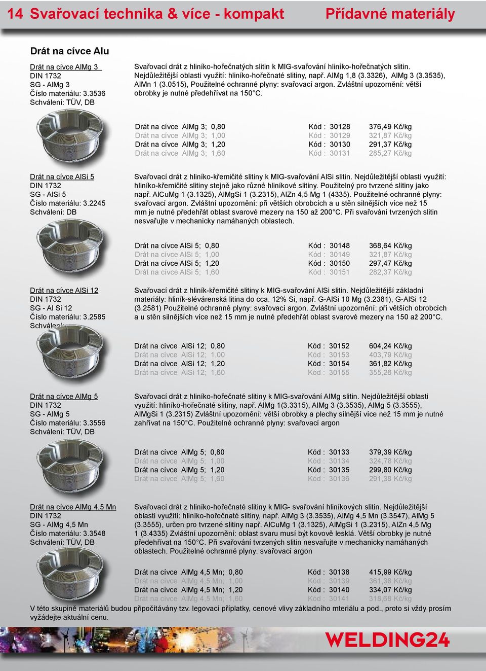 3535), AlMn 1 (3.0515), Použitelné ochranné plyny: svařovací argon. Zvláštní upozornění: větší obrobky je nutné předehřívat na 150 C.