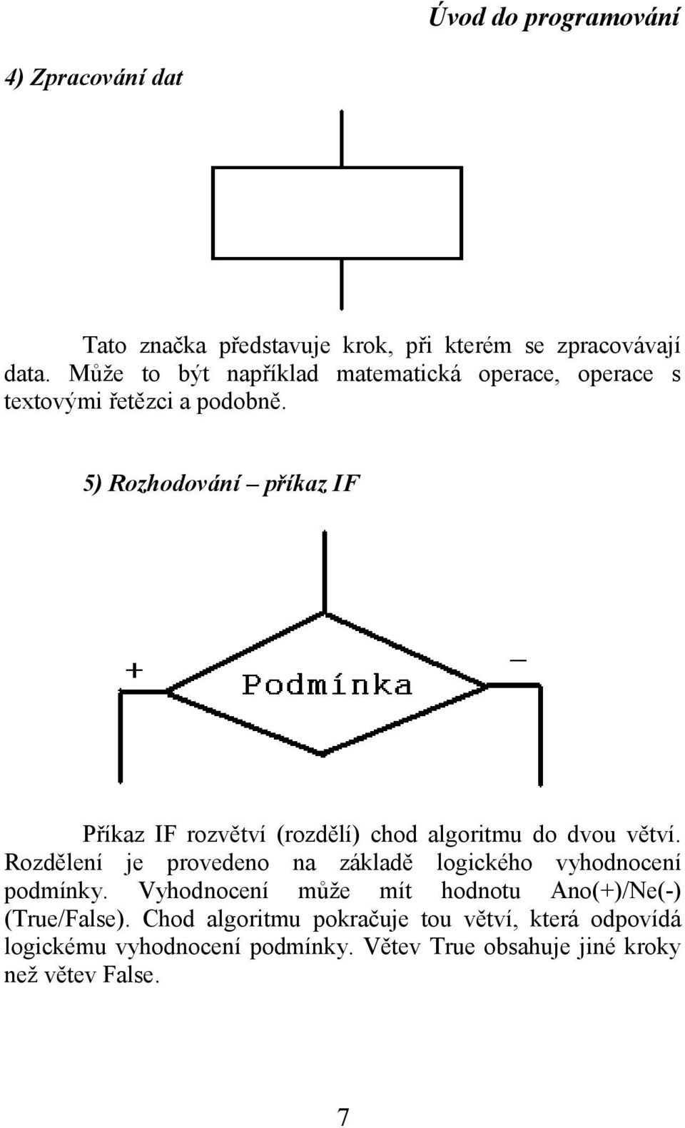 5) Rozhodování příkaz IF Příkaz IF rozvětví (rozdělí) chod algoritmu do dvou větví.