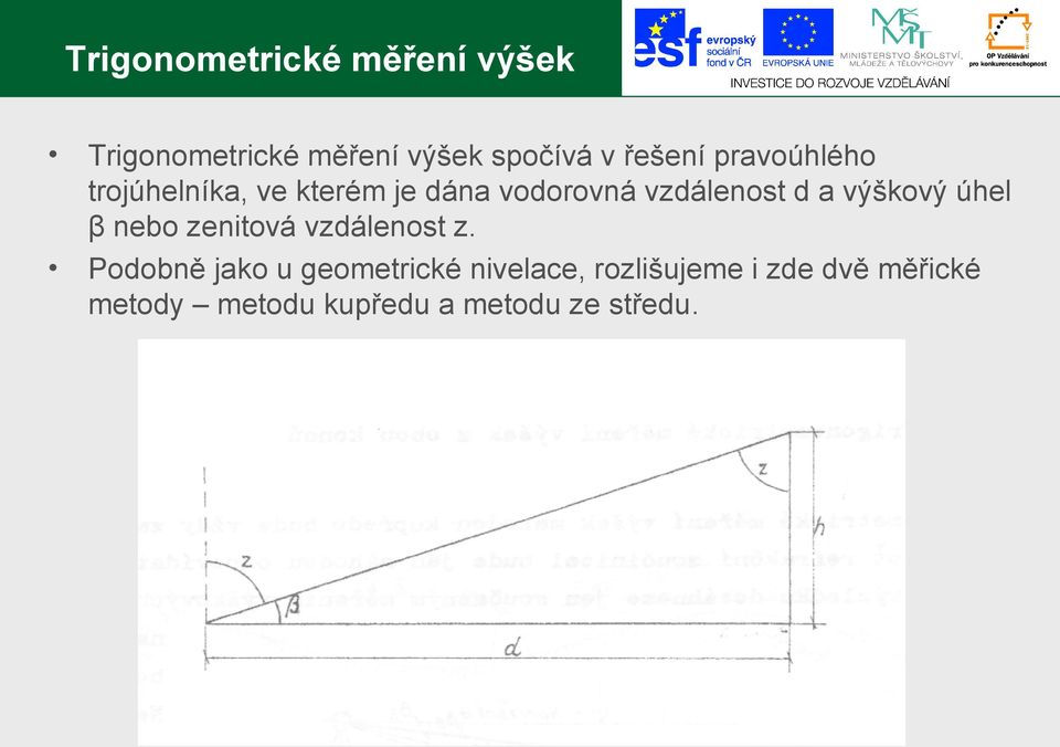 a výškový úhel β nebo zenitová vzdálenost z.