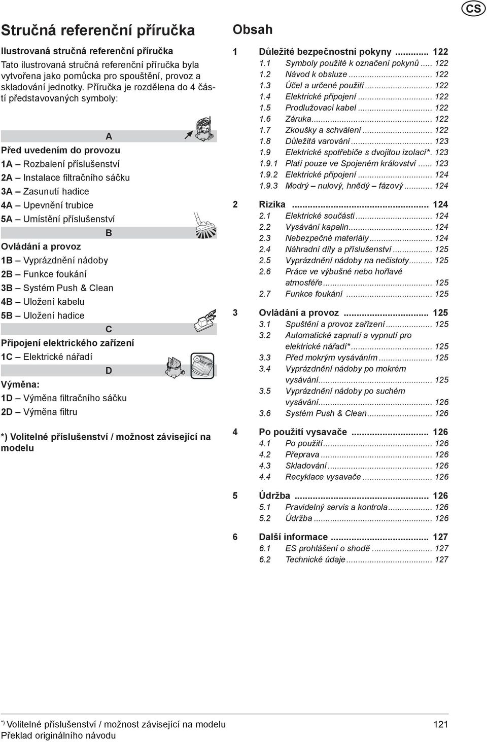 příslušenství B Ovládání a provoz 1B Vyprázdnění nádoby 2B Funkce foukání B Systém Push & Clean 4B Uložení kabelu 5B Uložení hadice C Připojení elektrického zařízení 1C Elektrické nářadí D Výměna: 1D