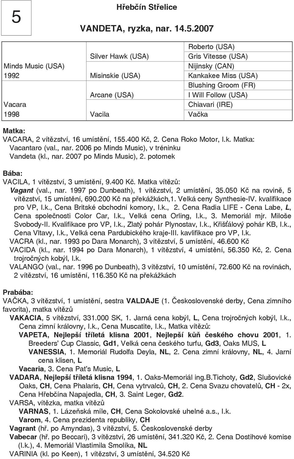 2006 po Minds Music), v tréninku Vandeta (kl., nar. 2007 po Minds Music), 2. potomek VACILA, 1 vítězství, 3 umístění, 9.400 Kč. Matka vítězů: Vagant (val., nar. 1997 po Dunbeath), 1 vítězství, 2 umístění, 35.