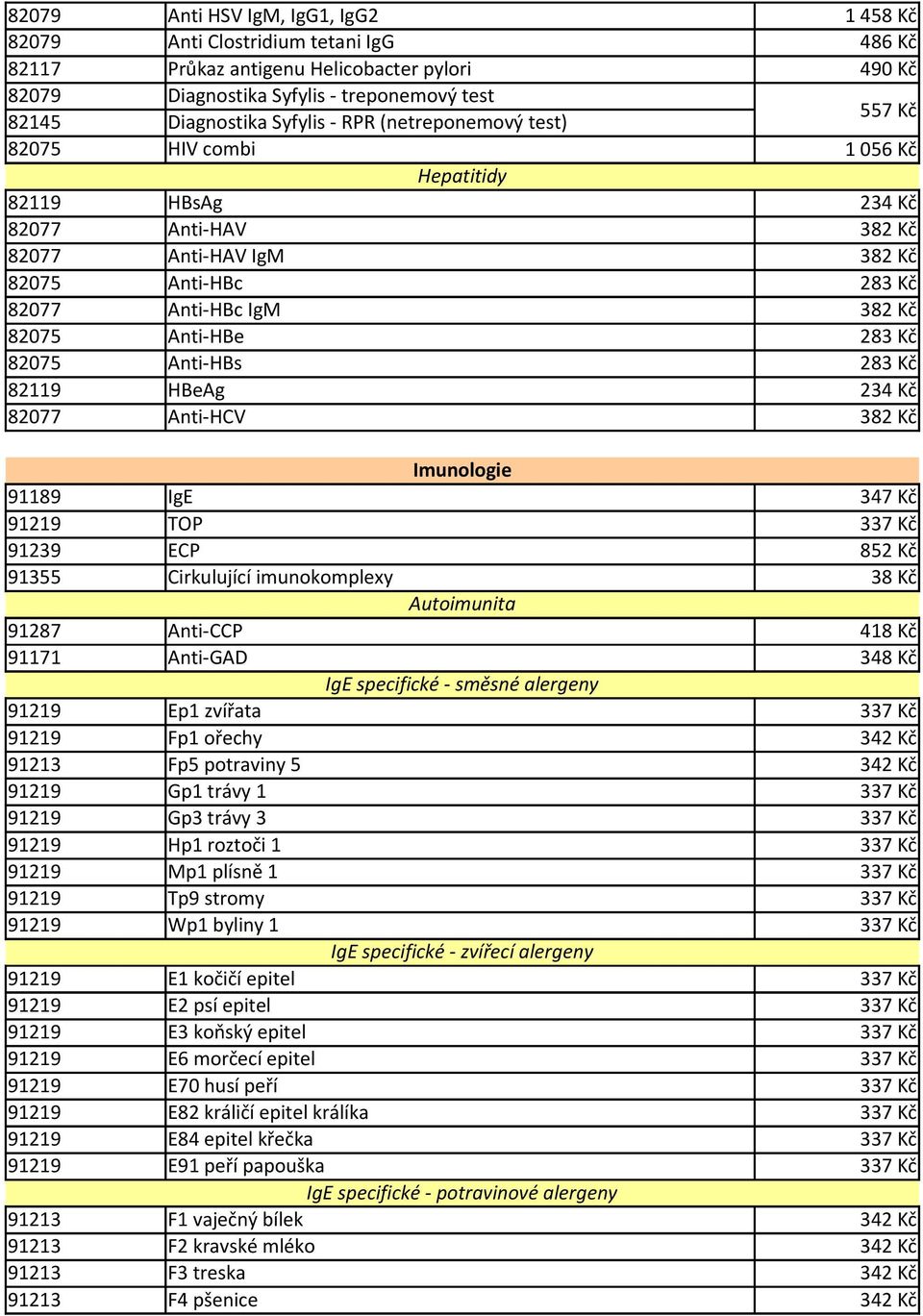 Kč 82075 Anti-HBs 283 Kč 82119 HBeAg 234 Kč 82077 Anti-HCV 382 Kč Imunologie 91189 IgE 347 Kč 91219 TOP 337 Kč 91239 ECP 852 Kč 91355 Cirkulující imunokomplexy 38 Kč Autoimunita 91287 Anti-CCP 418 Kč