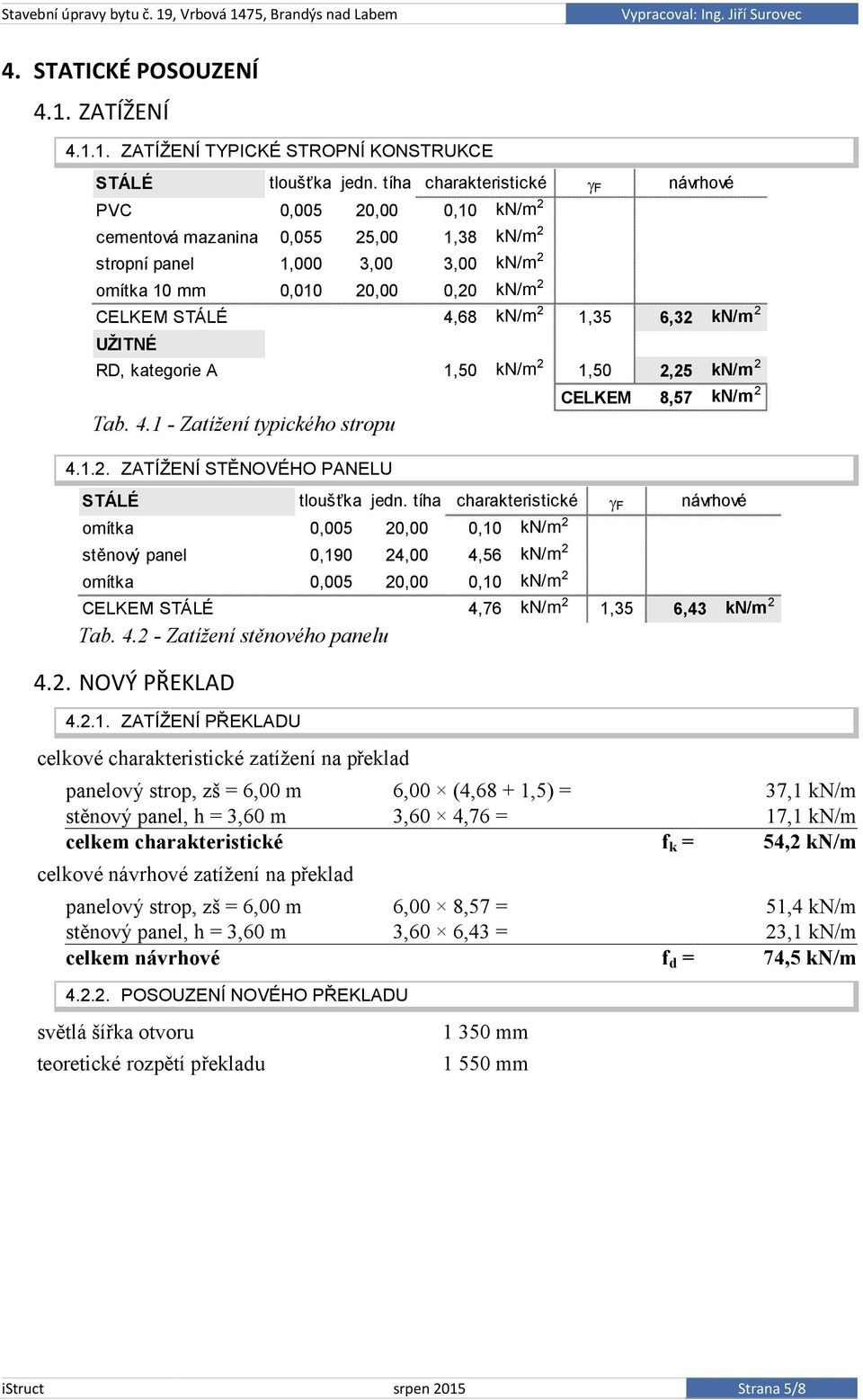 1,35 6,32 kn/m 2 UŽITNÉ RD, kategorie A 1,50 kn/m 2 1,50 2,25 kn/m 2 Tab. 4.1 - Zatížení typického stropu 4.1.2. ZATÍŽENÍ STĚNOVÉHO PANELU STÁLÉ tloušťka jedn.