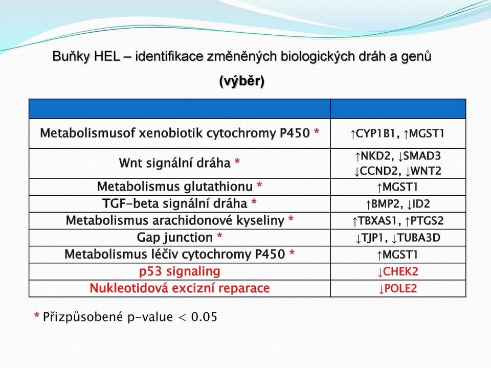 Gap junction * Metabolismus léčiv cytochromy P450 * p53 signaling Nukleotidová excizní reparace CYP1B1, MGST1