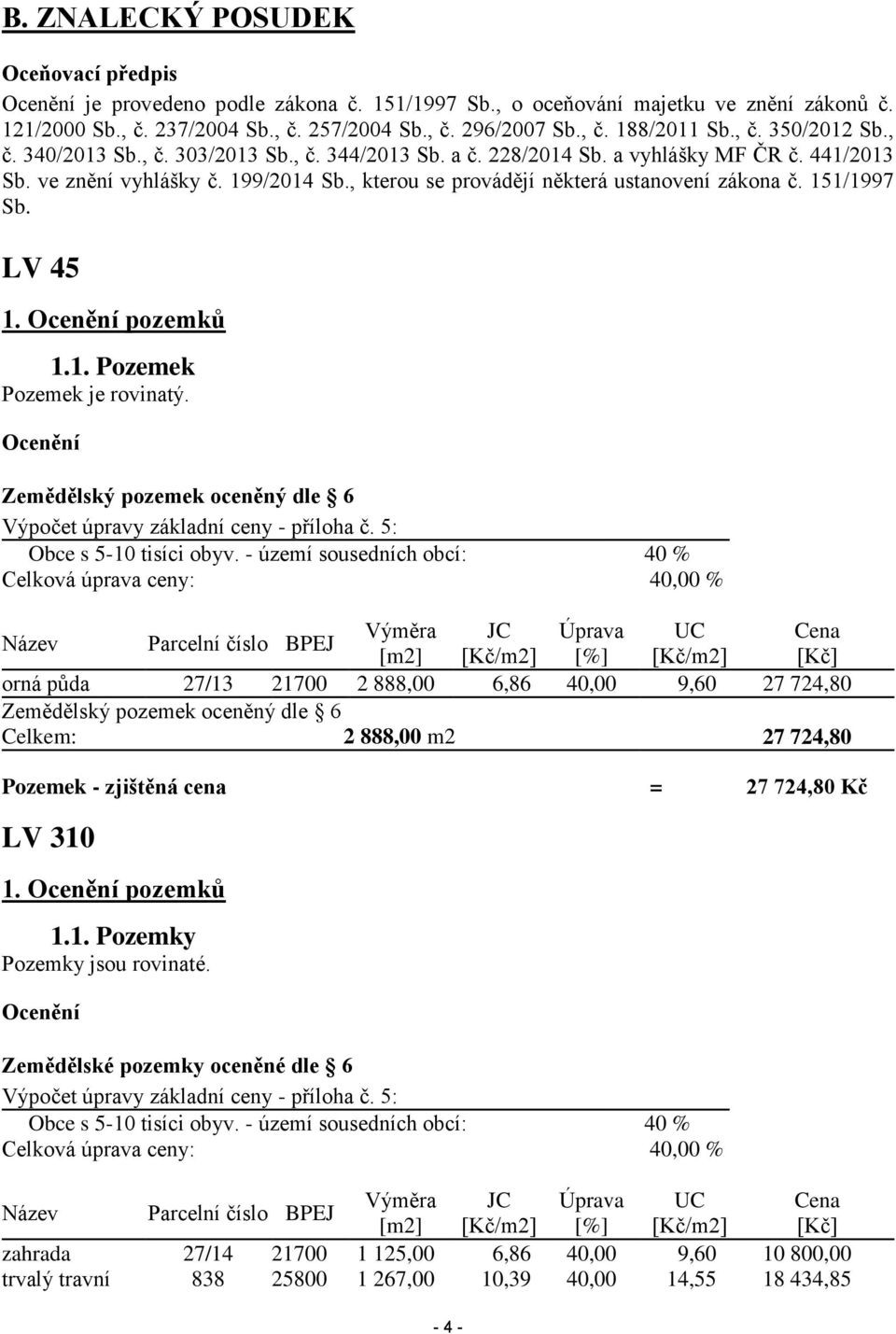 , kterou se provádějí některá ustanovení zákona č. 151/1997 Sb. LV 45 1. Ocenění pozemků 1.1. Pozemek Pozemek je rovinatý.