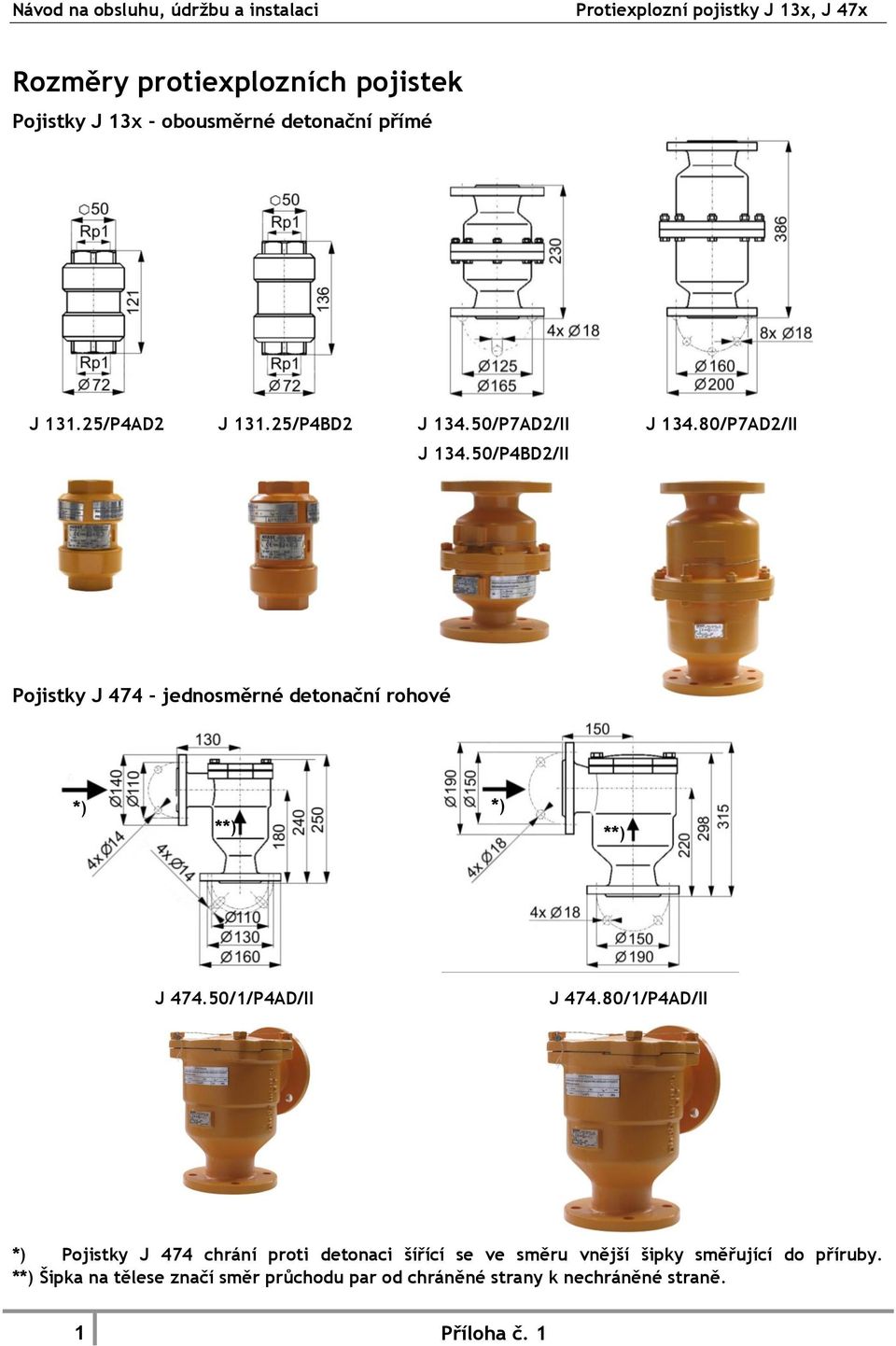 80/P7AD2/II Pojistky J 474 - jednosměrné detonační rohové *) **) *) **) J 474.50/1/P4AD/II J 474.