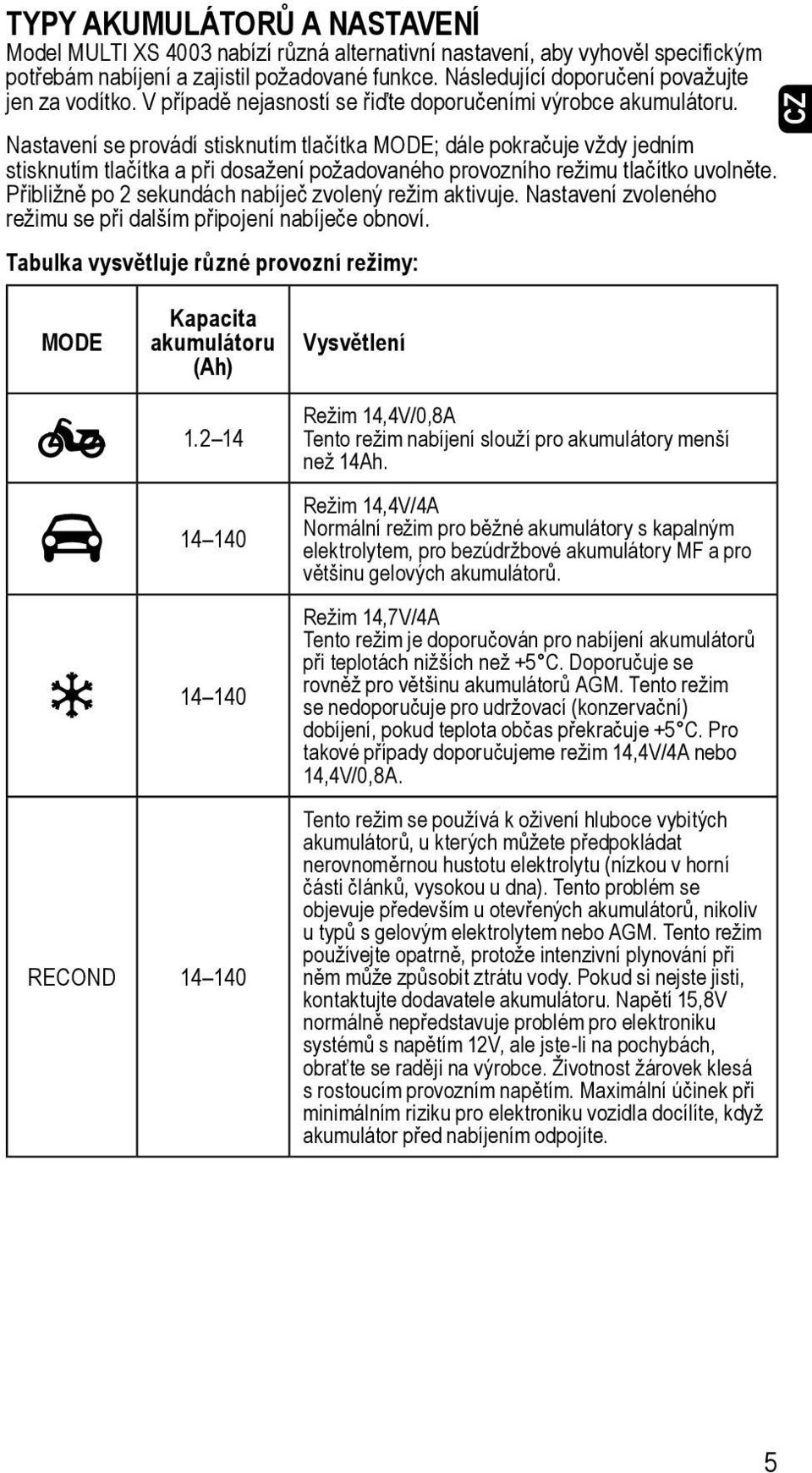 Nastavení se provádí stisknutím tlačítka MODE; dále pokračuje vždy jedním stisknutím tlačítka a při dosažení požadovaného provozního režimu tlačítko uvolněte.