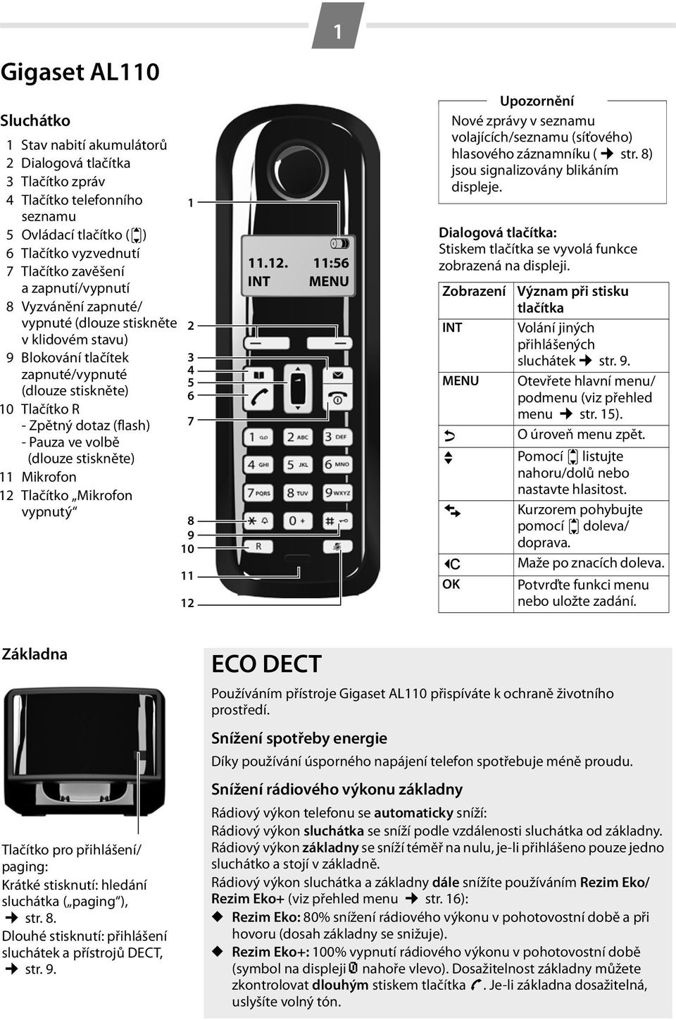 volbě (dlouze stiskněte) 11 Mikrofon 12 Tlačítko Mikrofon vypnutý 8 9 10 11 12 1 V 11.12. 11:56 INT MENU Upozornění Nové zprávy v seznamu volajících/seznamu (síťového) hlasového záznamníku ( str.