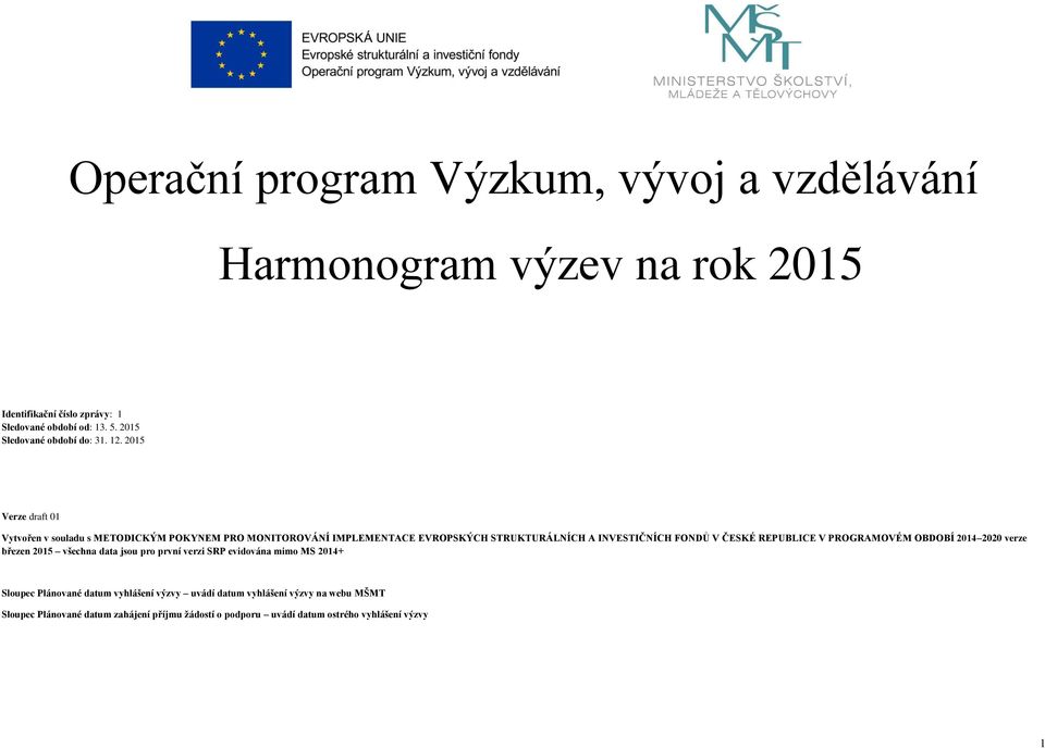 2015 Verze draft 01 Vytvořen v souladu s METODICÝM OYNEM RO MONITOROVÁNÍ IMLEMENTACE EVROSÝCH STRUTURÁLNÍCH A INVESTIČNÍCH FONDŮ V ČESÉ