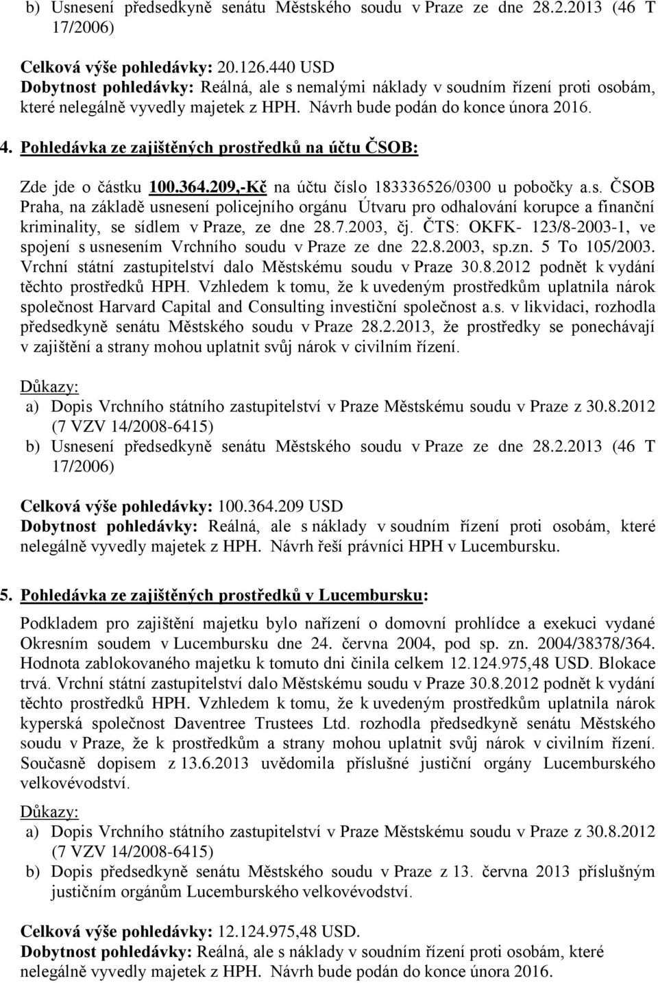 Pohledávka ze zajištěných prostředků na účtu ČSOB: Zde jde o částku 100.364.209,-Kč na účtu číslo 183336526/0300 u pobočky a.s. ČSOB Praha, na základě usnesení policejního orgánu Útvaru pro odhalování korupce a finanční kriminality, se sídlem v Praze, ze dne 28.