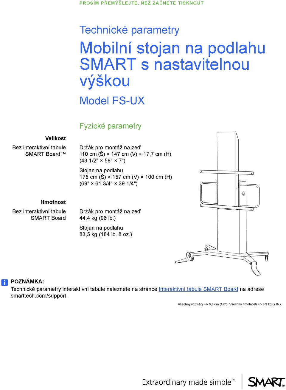 1/4") Hmotnost SMART Board 44,4 kg (98 lb.) 83,5 kg (184 lb. 8 oz.