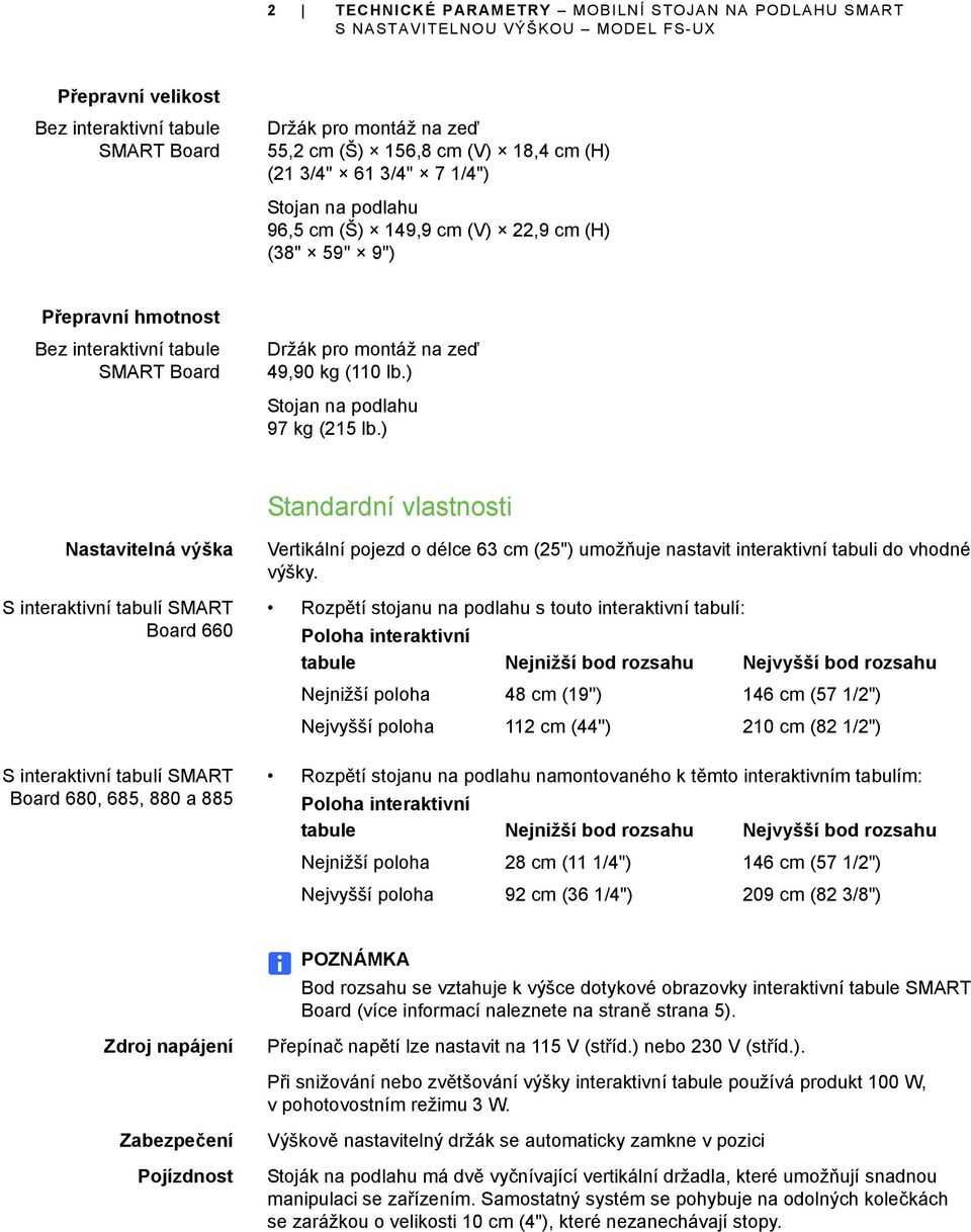 ) Standardní vlastnosti Nastavitelná výška S interaktivní tabulí SMART Board 660 S interaktivní tabulí SMART Board 680, 685, 880 a 885 Vertikální pojezd o délce 63 cm (25") umožňuje nastavit