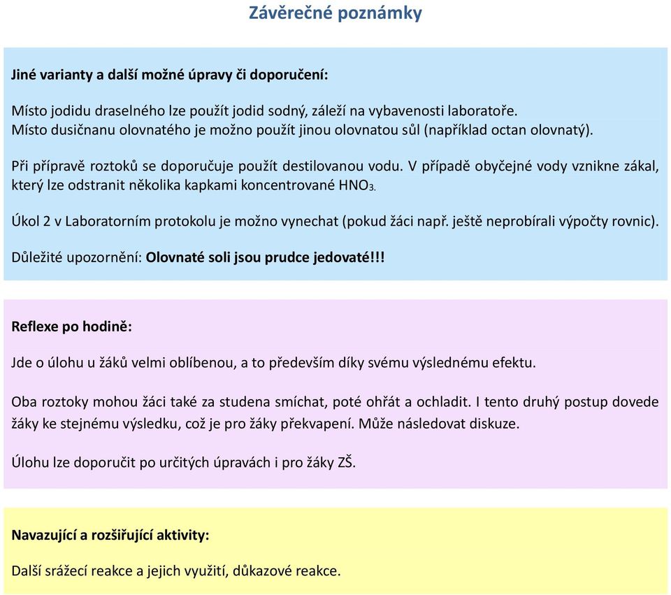 V případě obyčejné vody vznikne zákal, který lze odstranit několika kapkami koncentrované HNO3. Úkol 2 v Laboratorním protokolu je možno vynechat (pokud žáci např. ještě neprobírali výpočty rovnic).