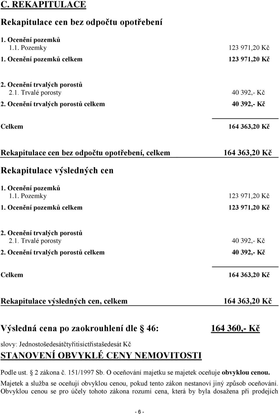 Ocenění pozemků celkem 123 971,20 Kč 2. Ocenění trvalých porostů 2.1. Trvalé porosty 40 392,- Kč 2.