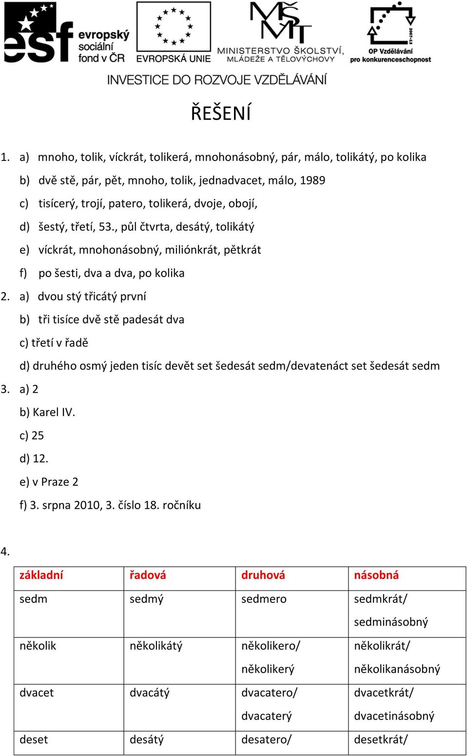 šestý, třetí, 53., půl čtvrta, desátý, tolikátý e) víckrát, mnohonásobný, miliónkrát, pětkrát f) po šesti, dva a dva, po kolika 2.