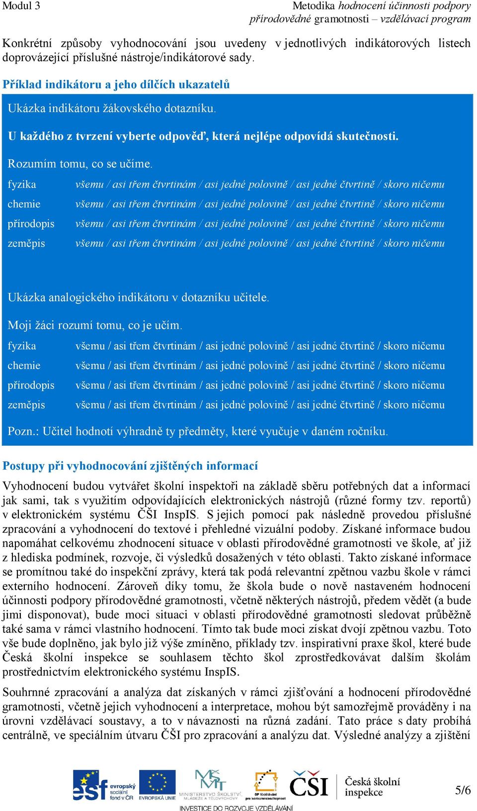 fyzika chemie přírodopis zeměpis Ukázka analogického indikátoru v dotazníku učitele. Moji žáci rozumí tomu, co je učím. fyzika chemie přírodopis zeměpis Pozn.