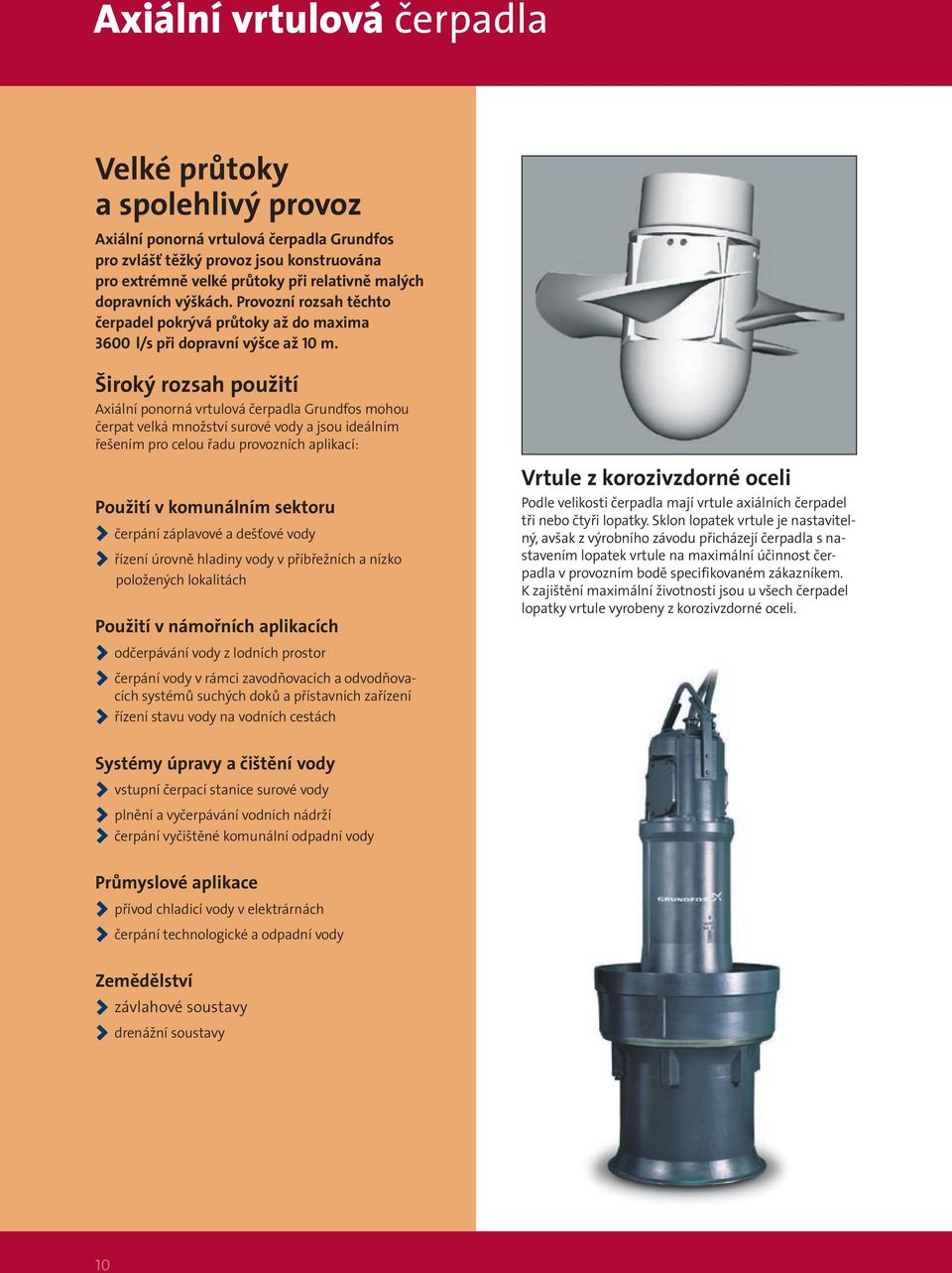 Široký rozsah použití Axiální ponorná vrtulová čerpadla Grundfos mohou čerpat velká množství surové vody a jsou ideálním řešením pro celou řadu provozních aplikací: Použití v komunálním sektoru >