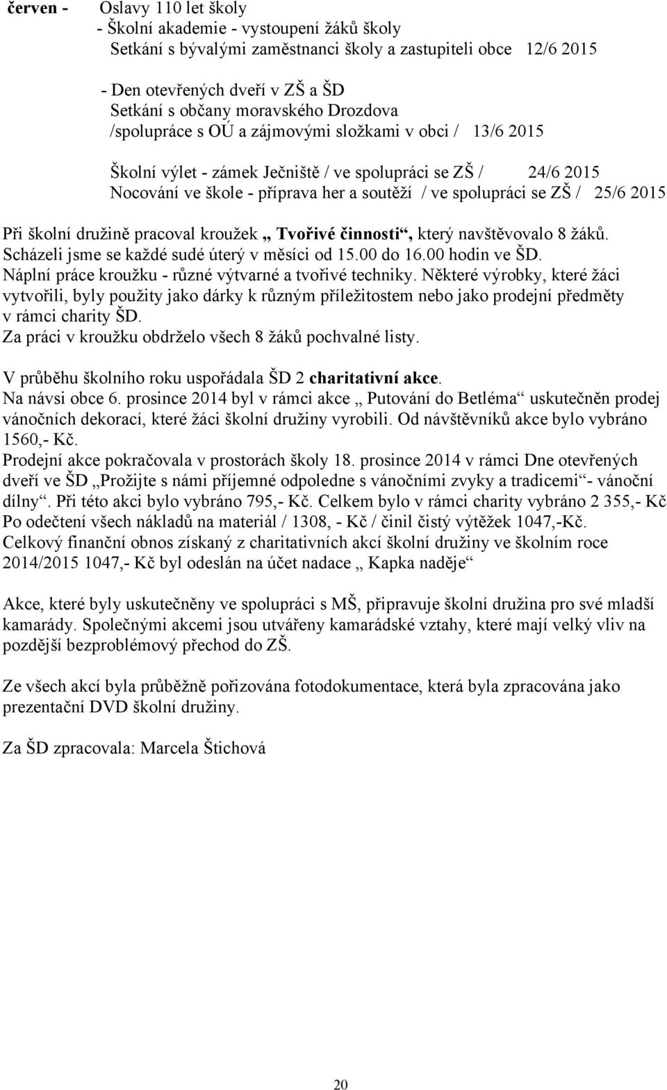 25/6 2015 Při školní družině pracoval kroužek Tvořivé činnosti, který navštěvovalo 8 žáků. Scházeli jsme se každé sudé úterý v měsíci od 15.00 do 16.00 hodin ve ŠD.