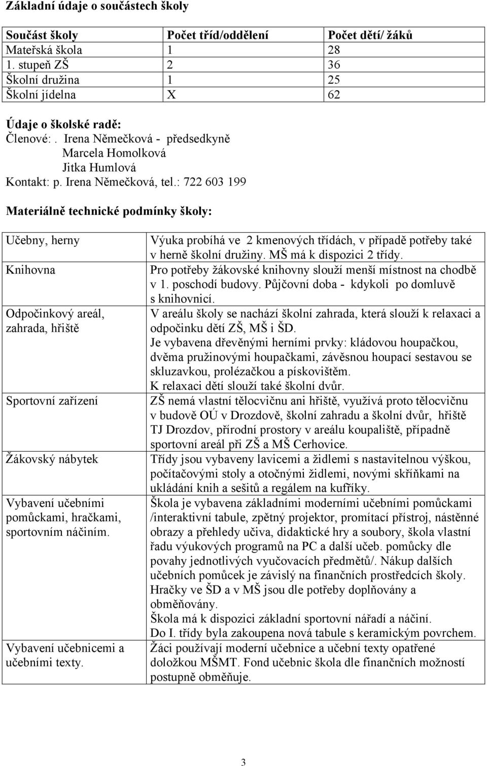 : 722 603 199 Materiálně technické podmínky školy: Učebny, herny Knihovna Odpočinkový areál, zahrada, hřiště Sportovní zařízení Žákovský nábytek Vybavení učebními pomůckami, hračkami, sportovním