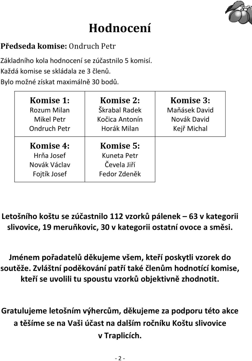 3: Maňásek David Novák David Kejř Michal Letošního koštu se zúčastnilo 112 vzorků pálenek 63 v kategorii slivovice, 19 meruňkovic, 30 v kategorii ostatní ovoce a směsi.